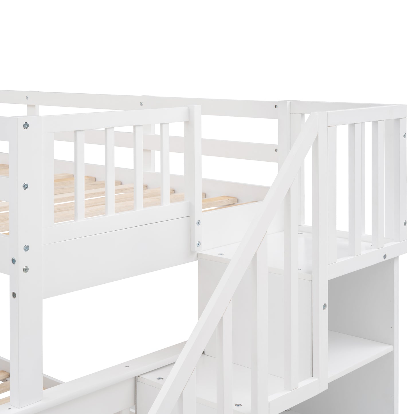 White wooden bunk bed with stairs and safety rails