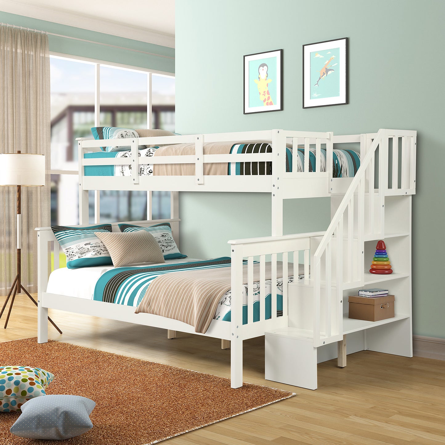 White wooden bunk bed with staircase and storage shelves