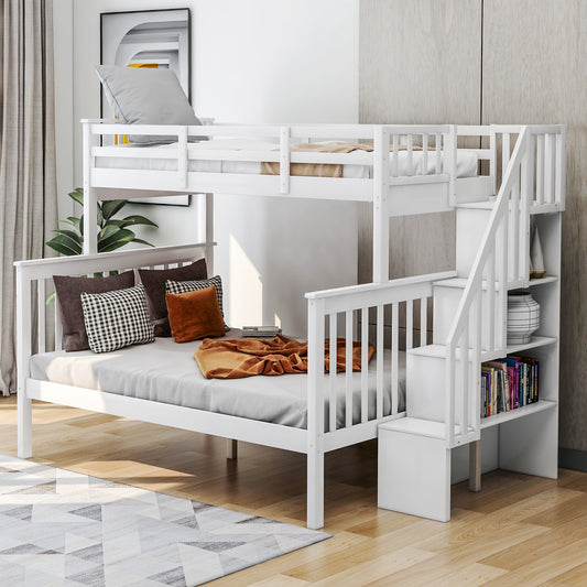 White wooden bunk bed with stairs and builtin shelves for kids