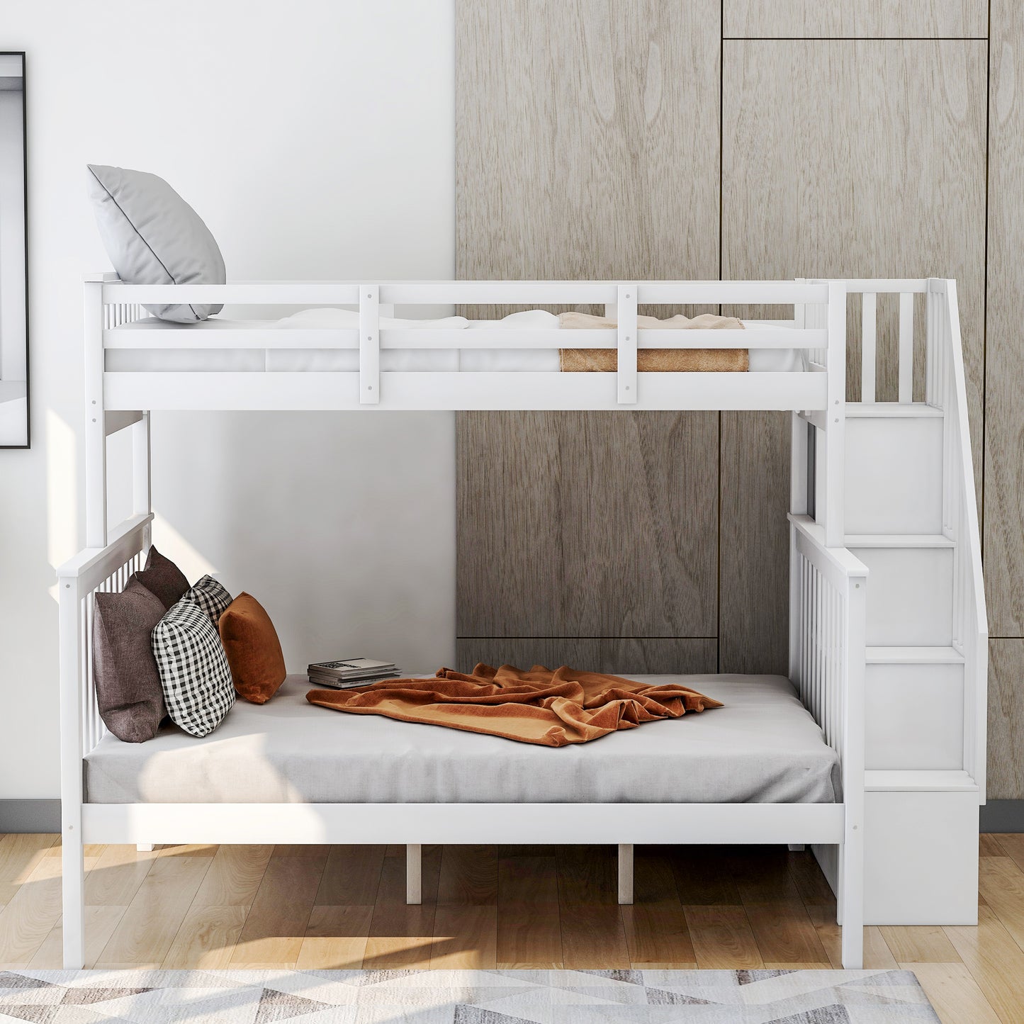 White wooden bunk bed with stairs and grey linens