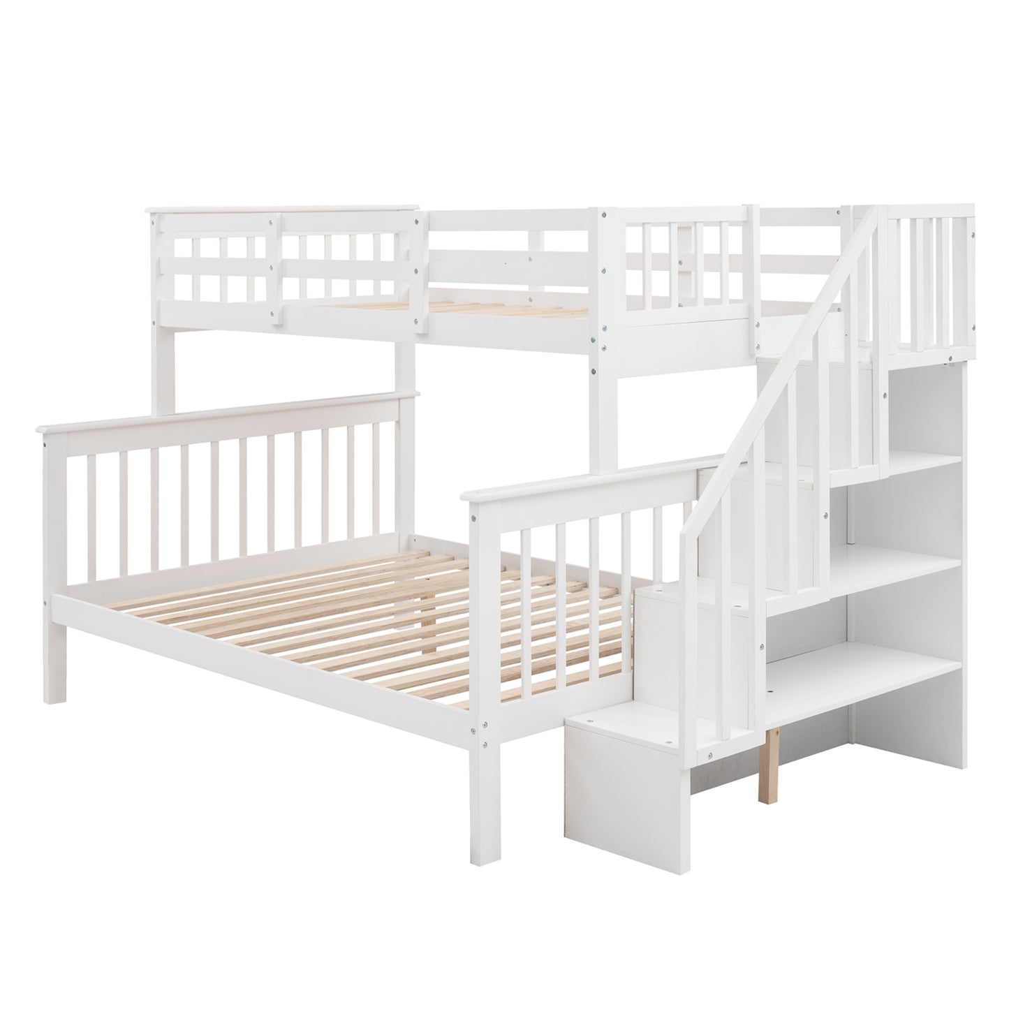 White wooden bunk bed with stairs and storage