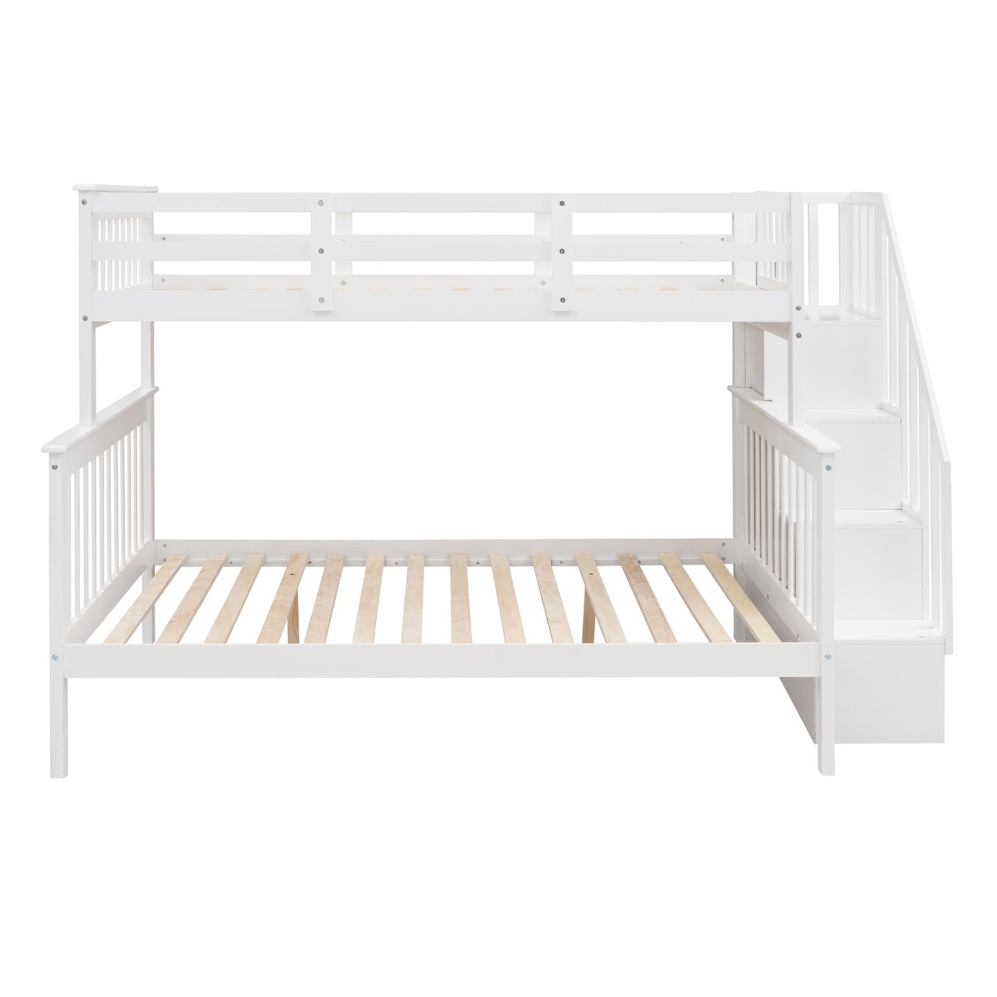 White wooden bunk bed with stairs and guardrails for kids