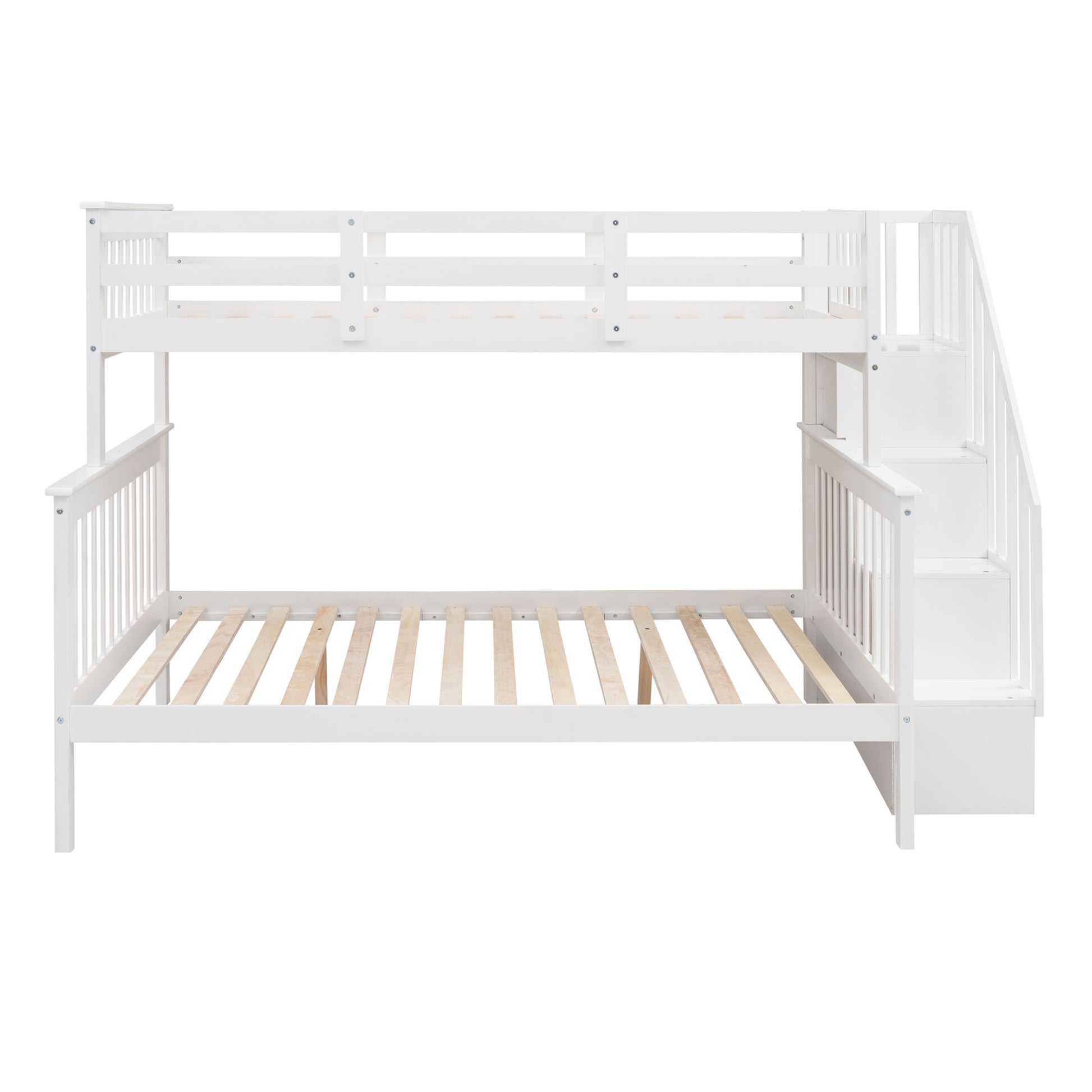 White wooden bunk bed with stairs and guardrails for kids