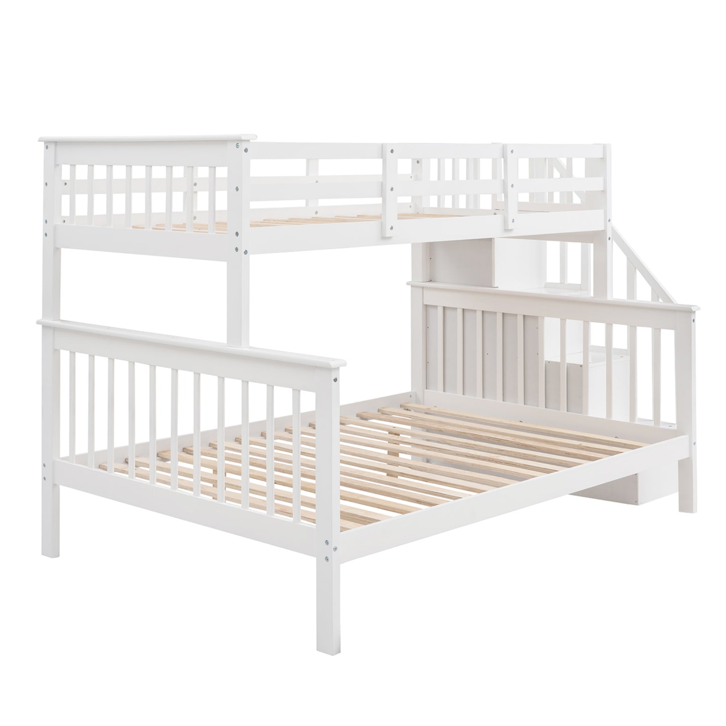 White wood bunk bed with stairs and storage