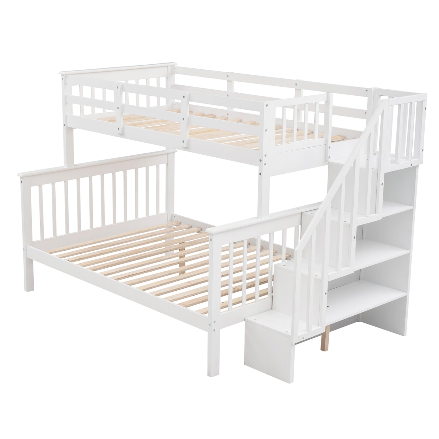 White twin over twin bunk bed with stairs and storage