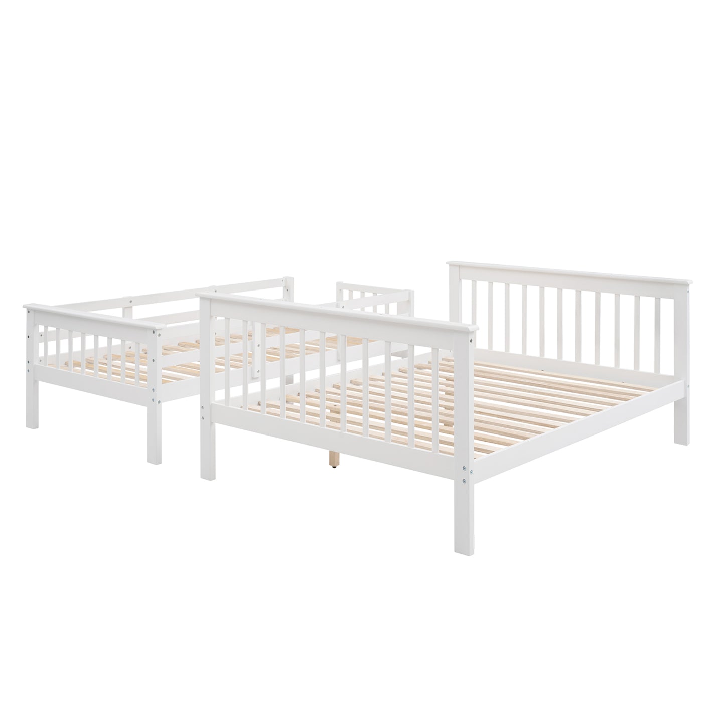 White wooden bunk bed frame with slatted bases