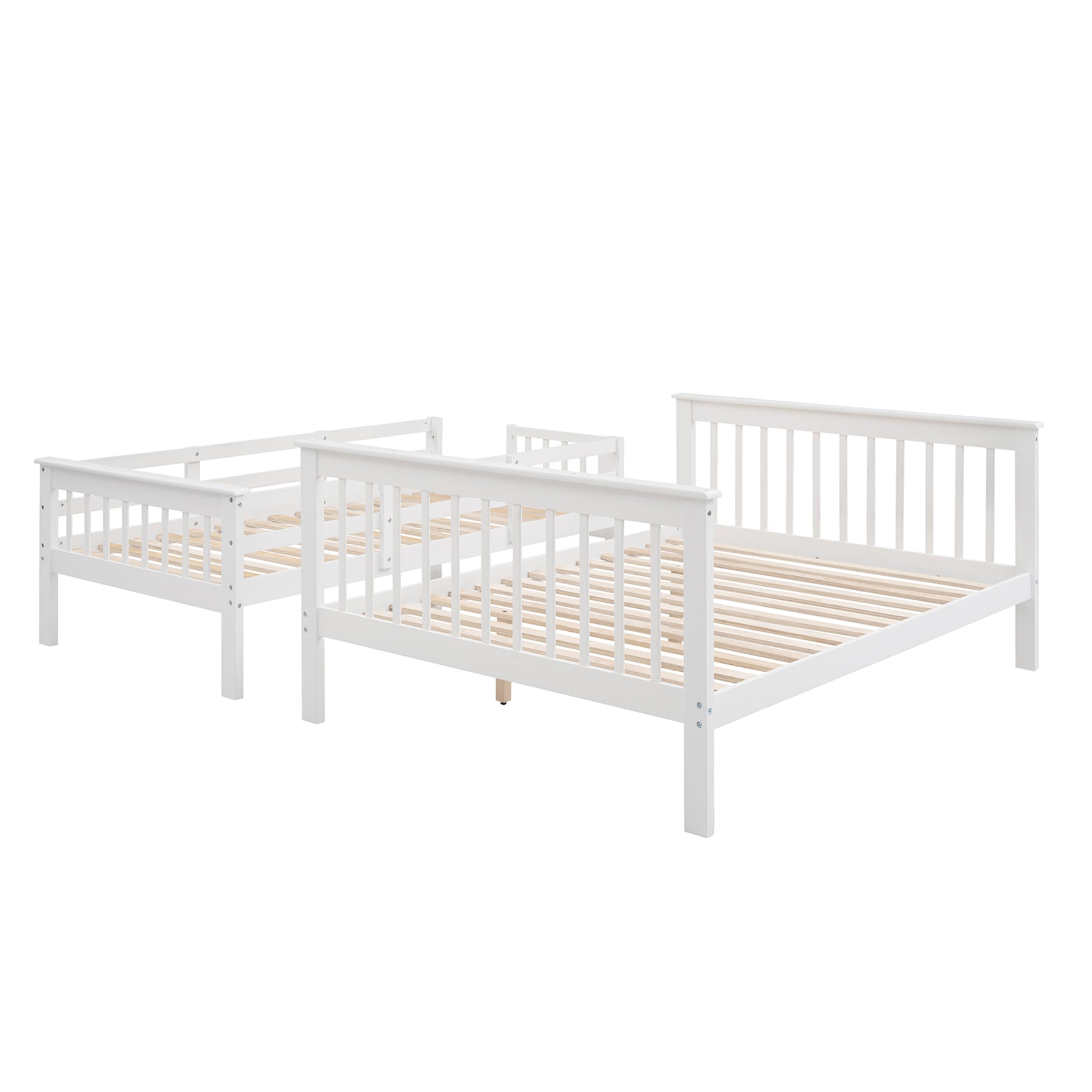 White wooden bunk bed frame with slatted bases