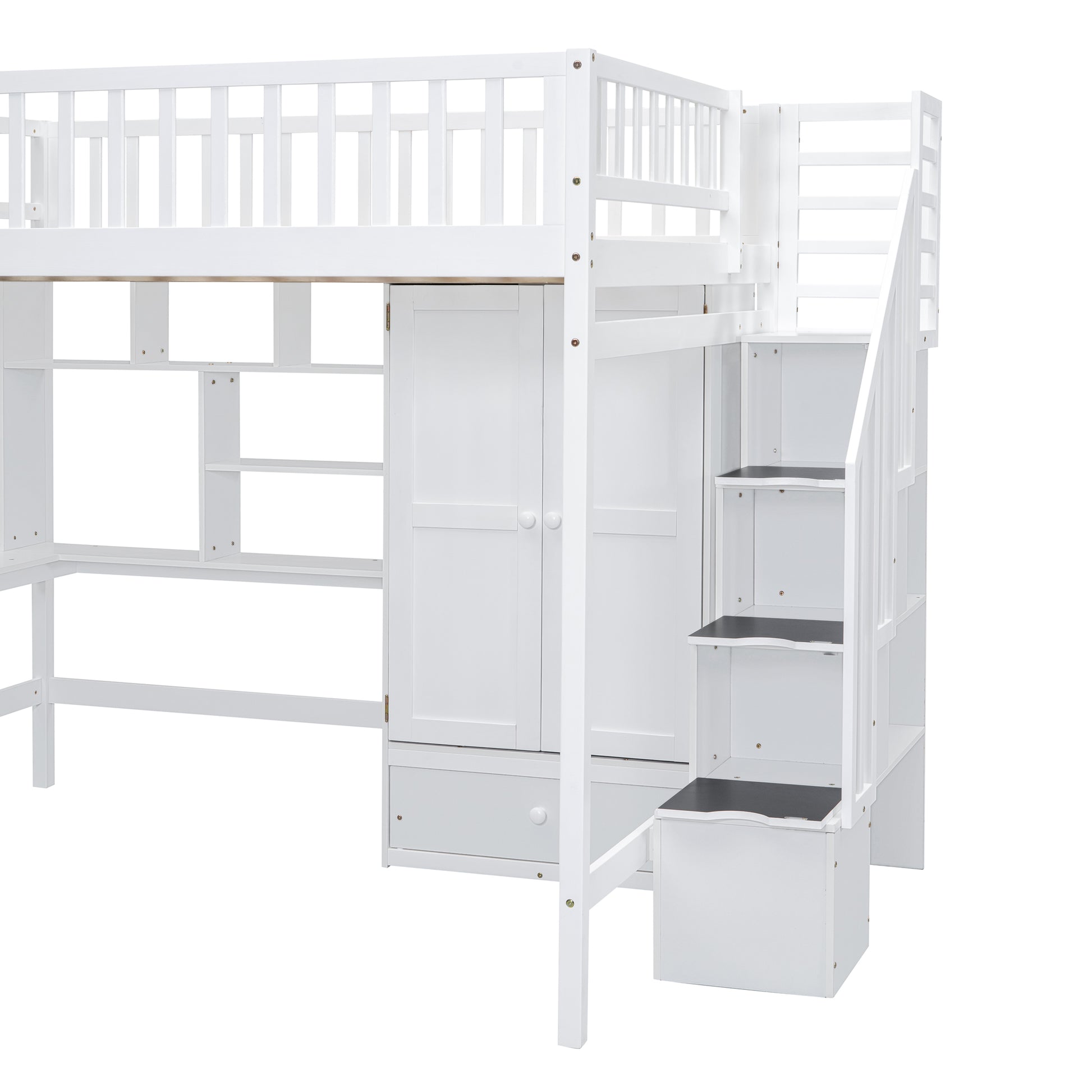 White loft bed with desk and storage