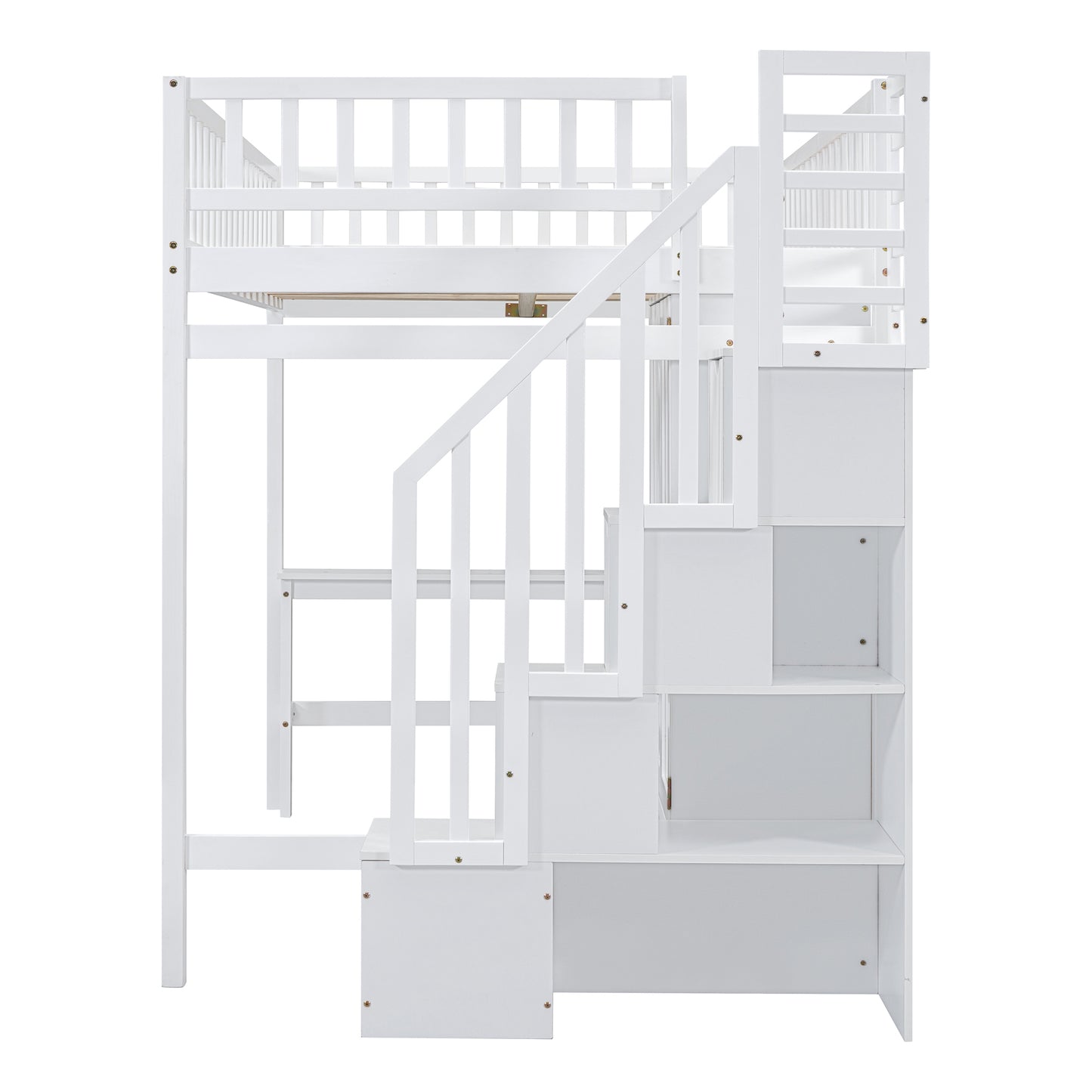 White wooden loft bed with integrated stairs and storage shelves