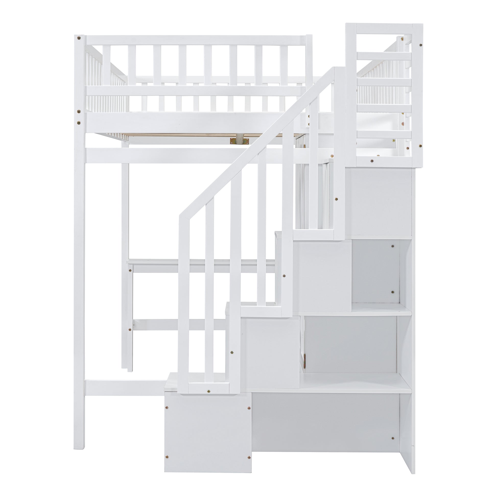 White wooden loft bed with integrated stairs and storage shelves