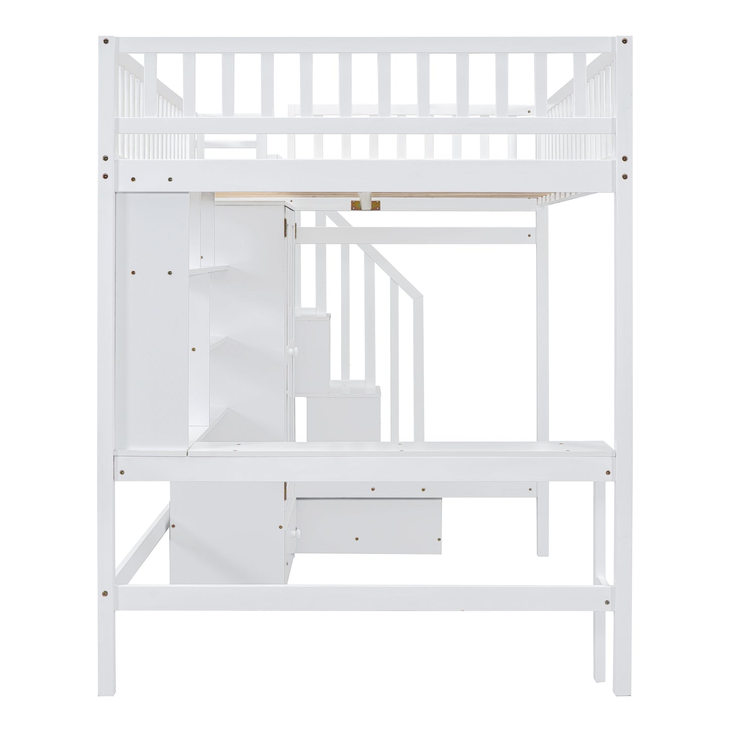 White wooden loft bed with desk and storage stairs