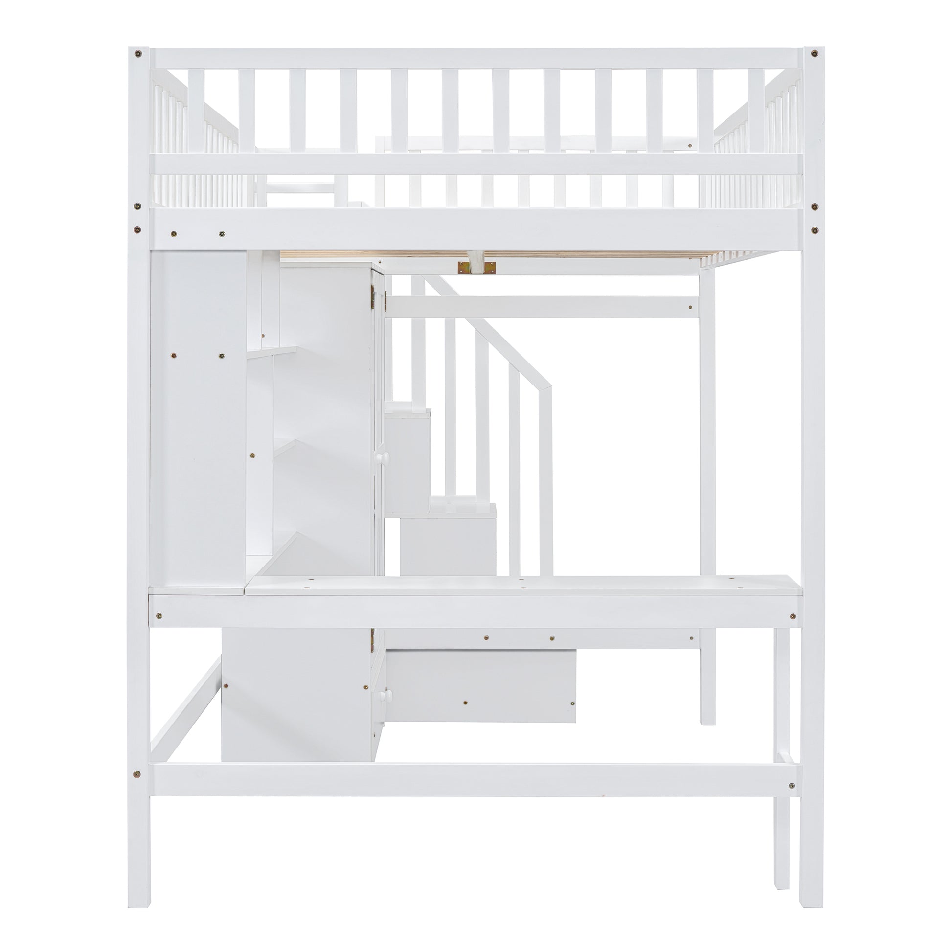 White wooden loft bed with desk and storage stairs