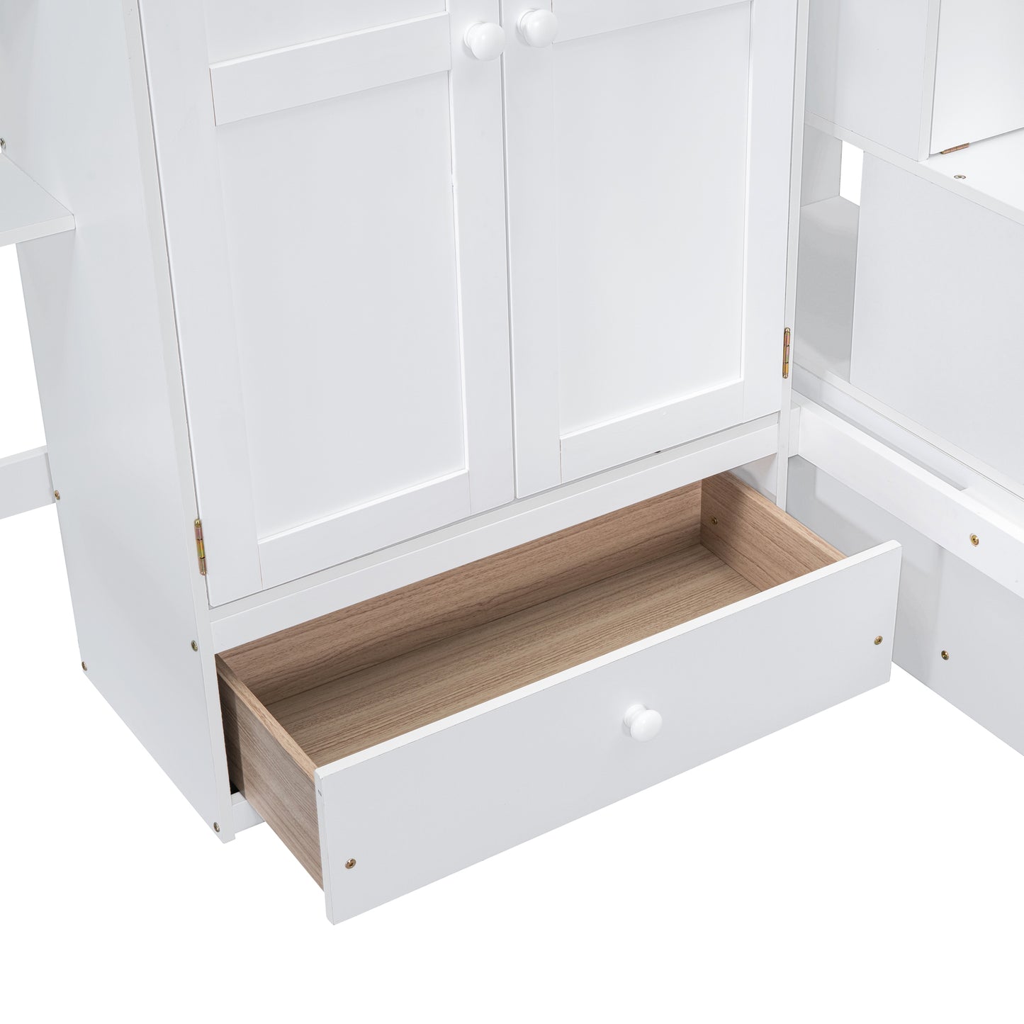 White wood storage cabinet with two doors and an open drawer showing wood interior