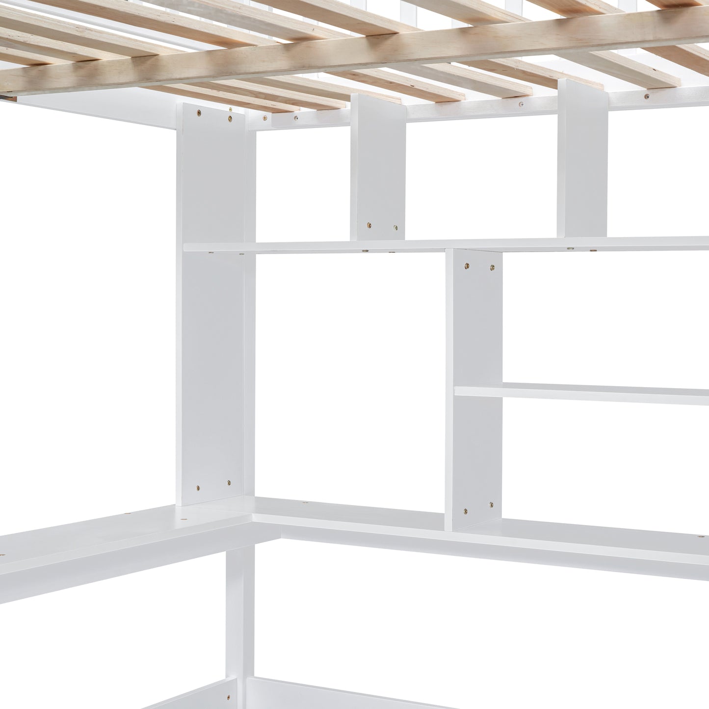 White wooden bunk bed frame with integrated shelves