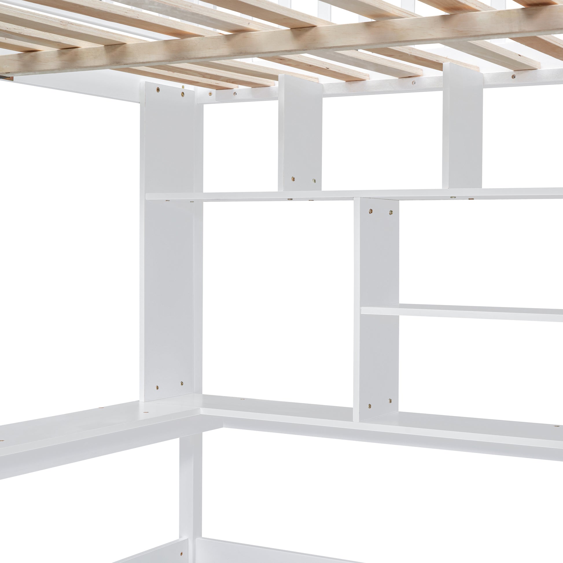 White wooden bunk bed frame with integrated shelves