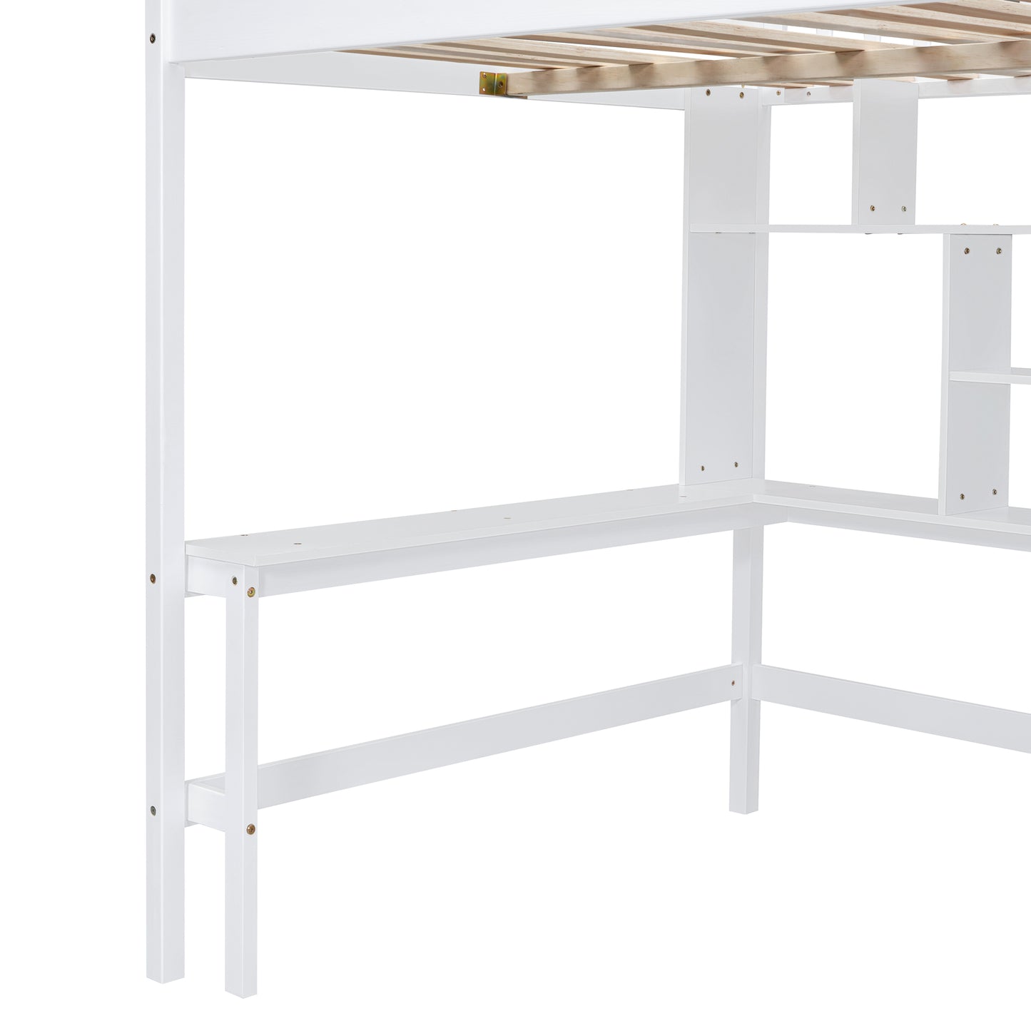 White loft bed frame with integrated desk and shelving