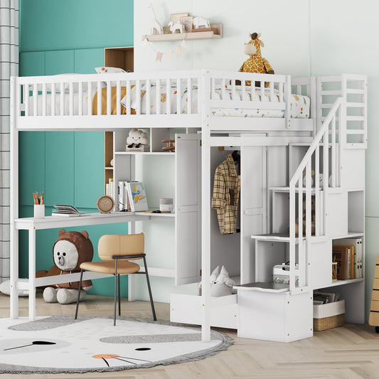 White loft bed with desk and storage for kids