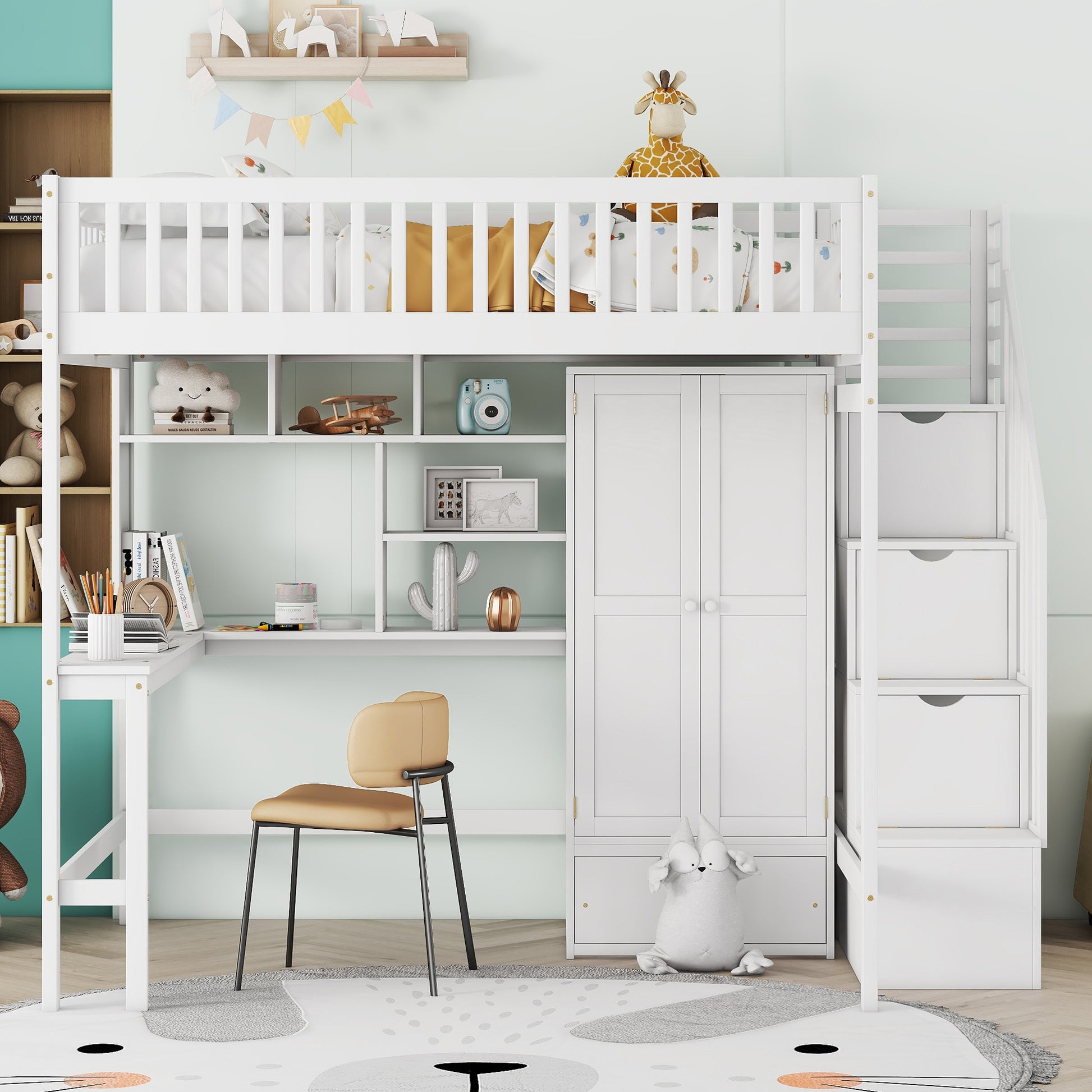 White wooden loft bed with desk and storage drawers