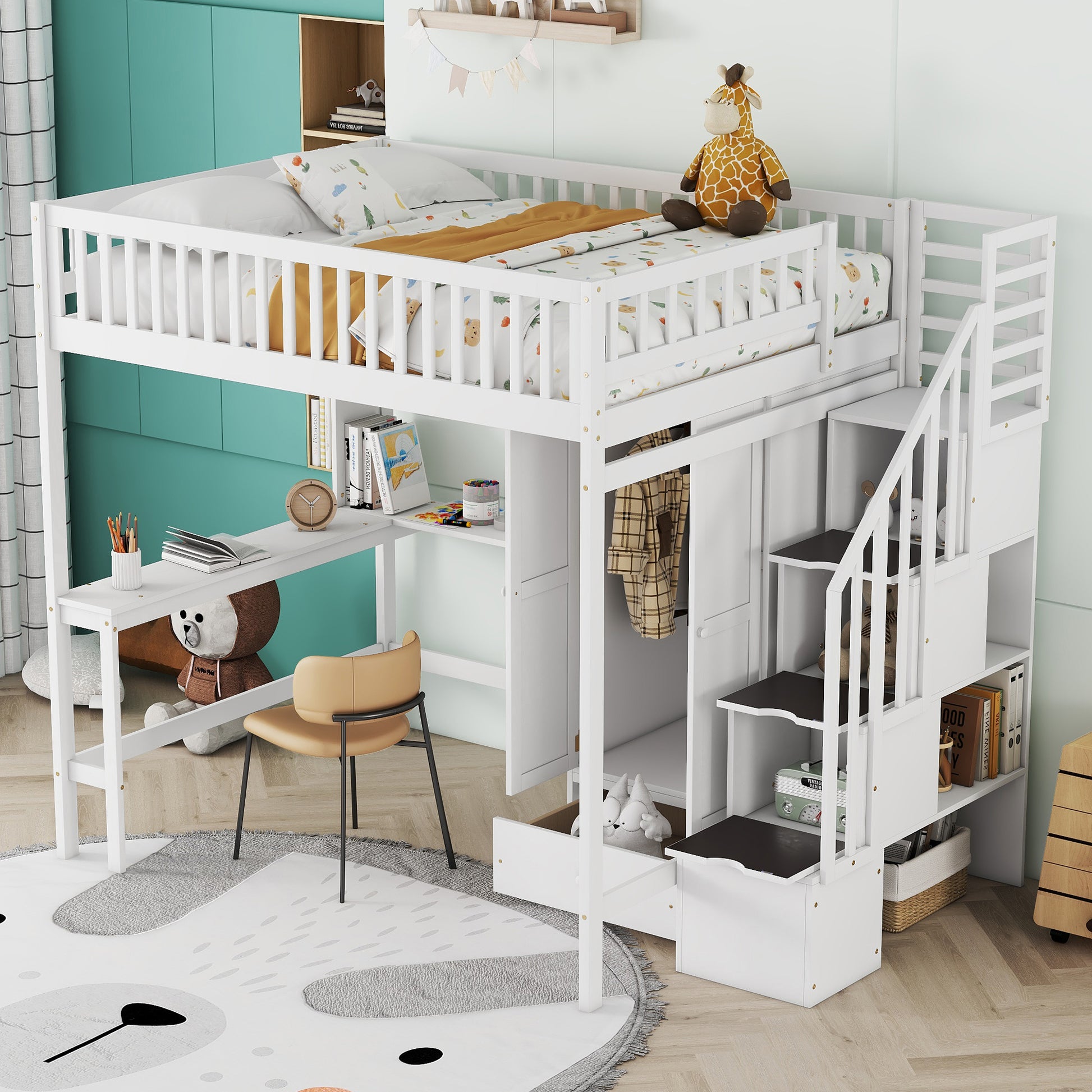 White wooden loft bed with desk and stairs for kids room