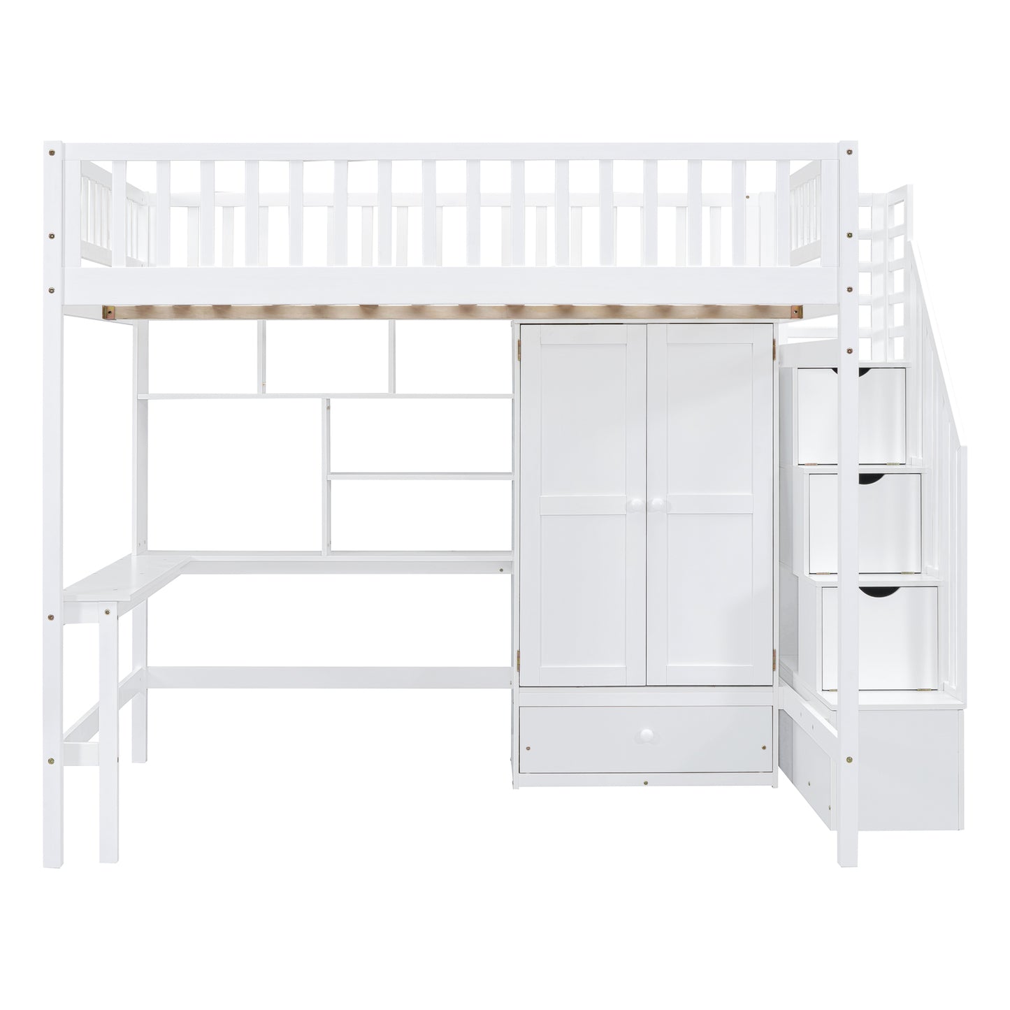 White wooden loft bed with integrated desk wardrobe and staircase with drawers