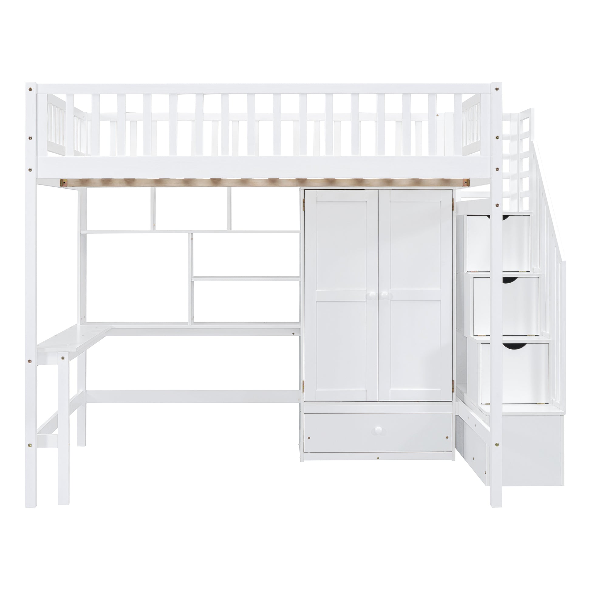 White wooden loft bed with integrated desk wardrobe and staircase with drawers