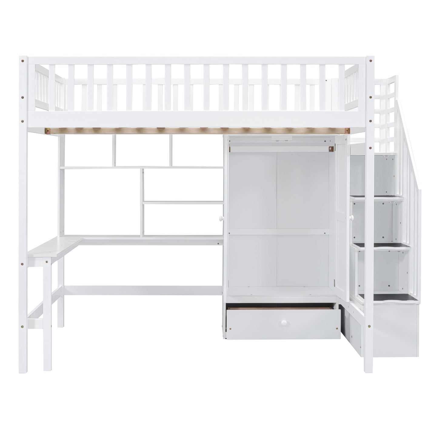 White wooden loft bed with desk and storage