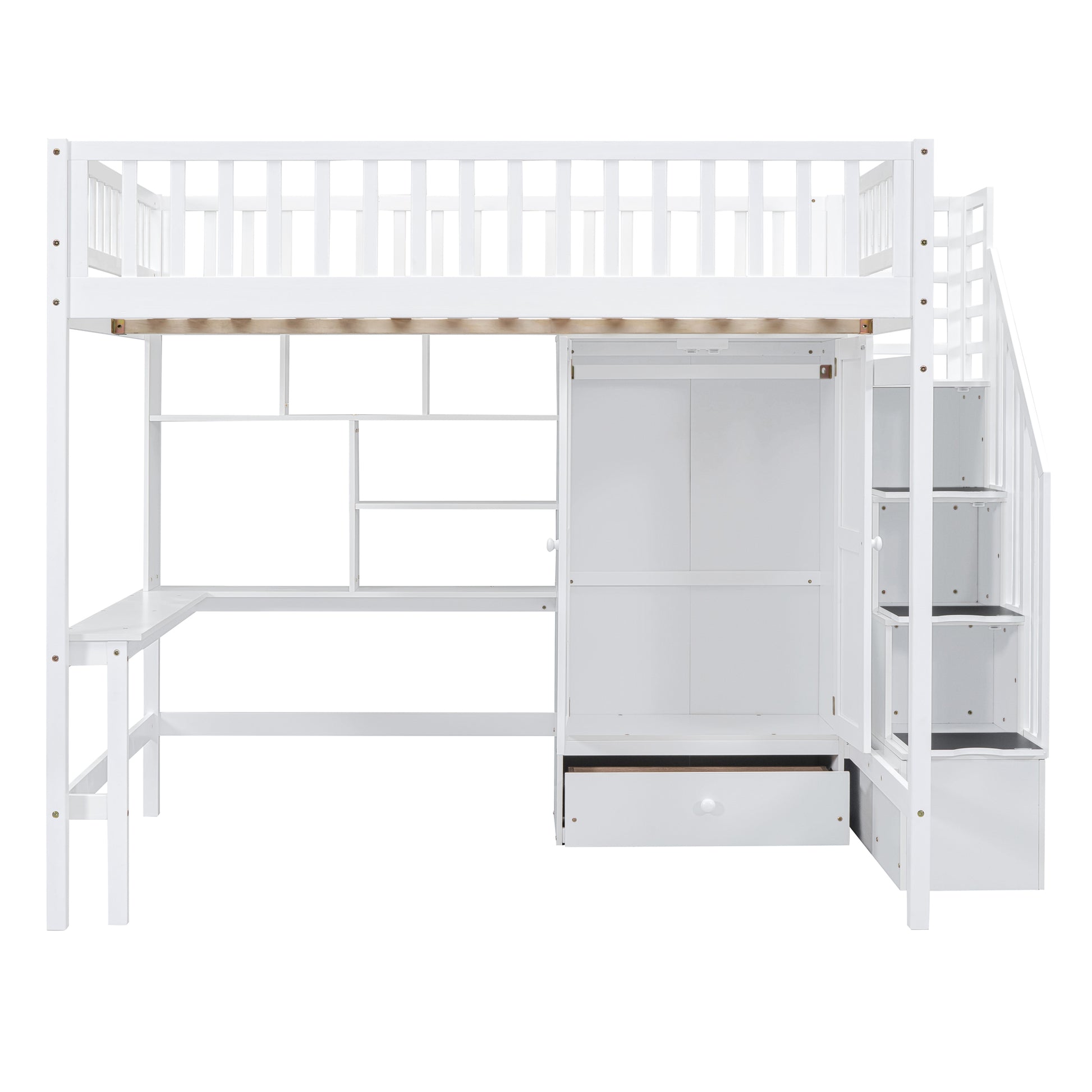 White wooden loft bed with desk and storage