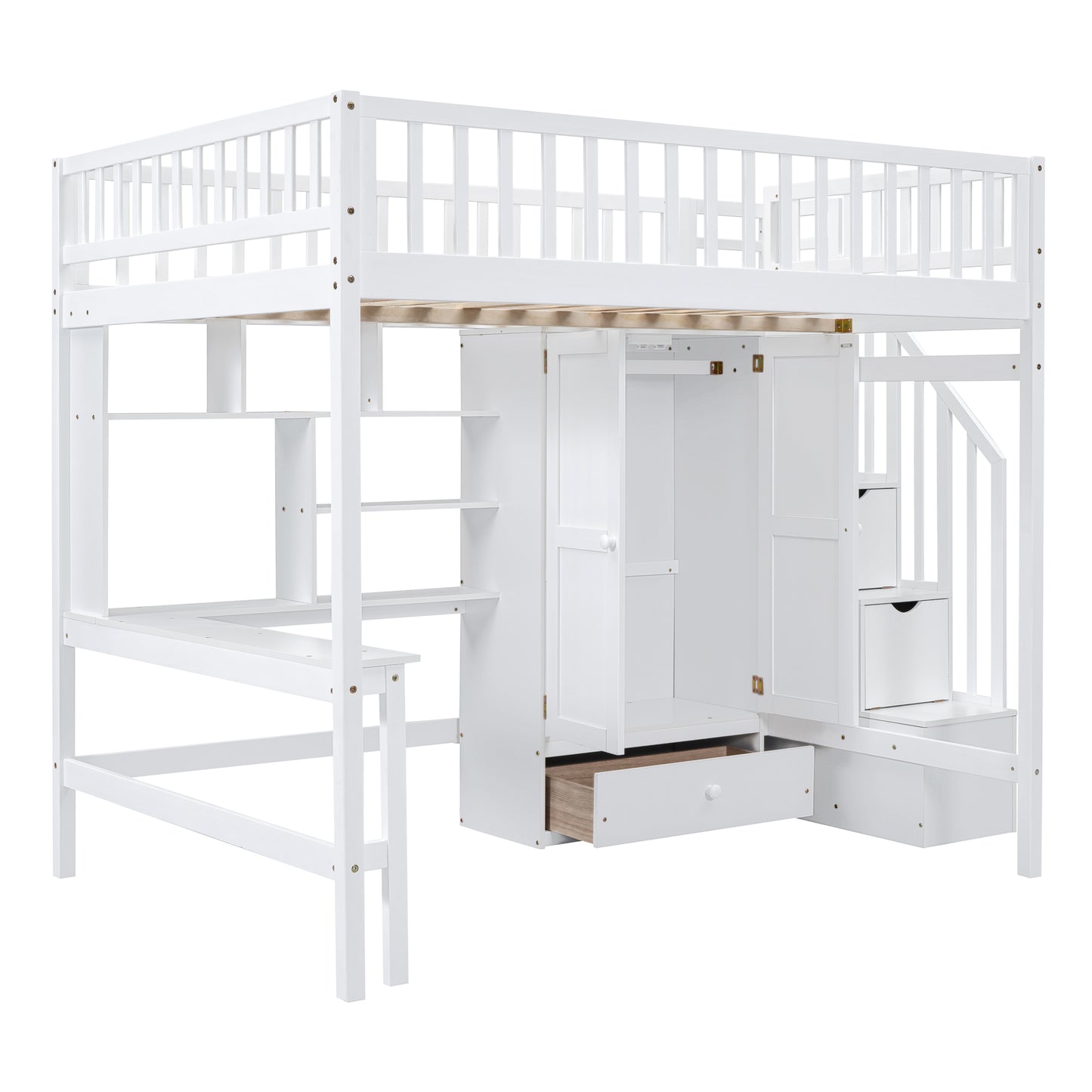 White wooden loft bed with integrated desk wardrobe shelves and drawers for kids