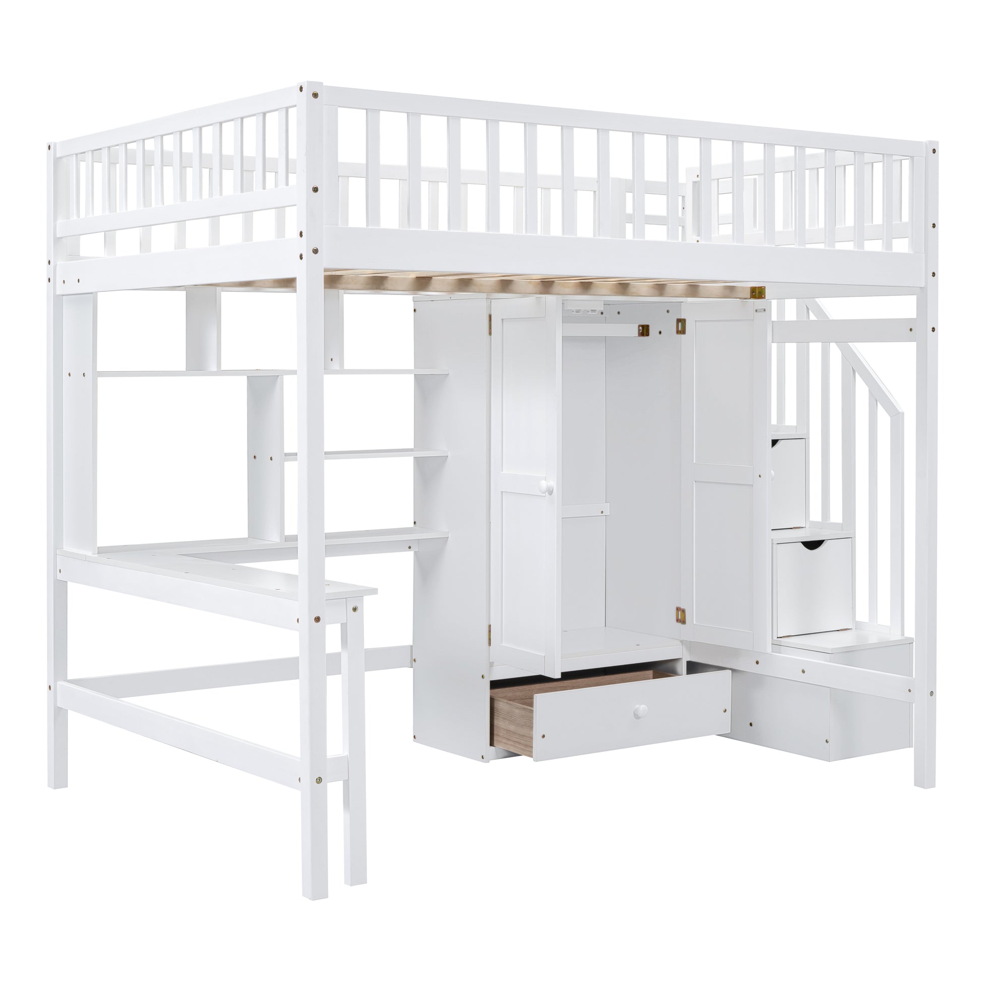White wooden loft bed with integrated desk wardrobe shelves and drawers for kids