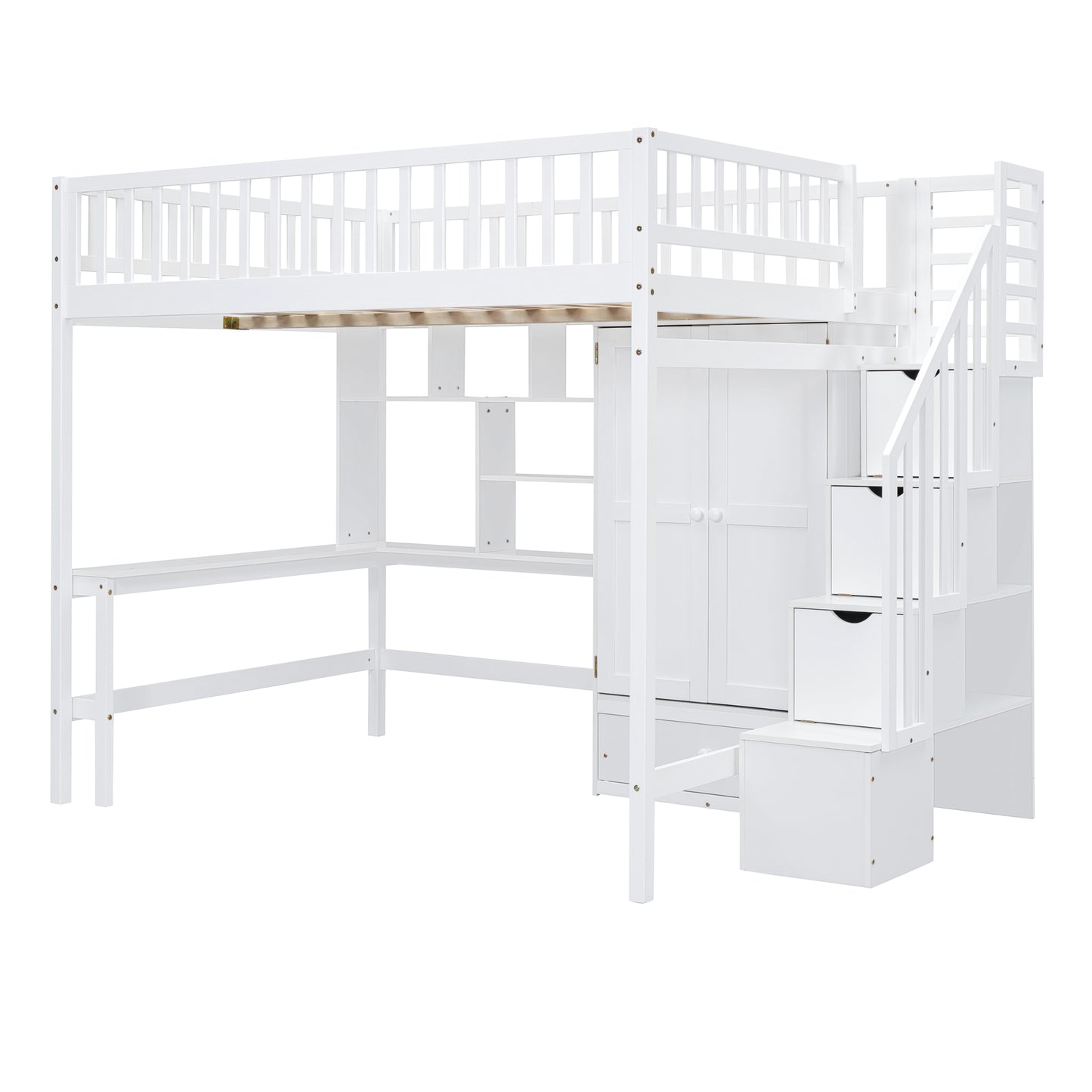 White wooden loft bed with stairs and integrated desk