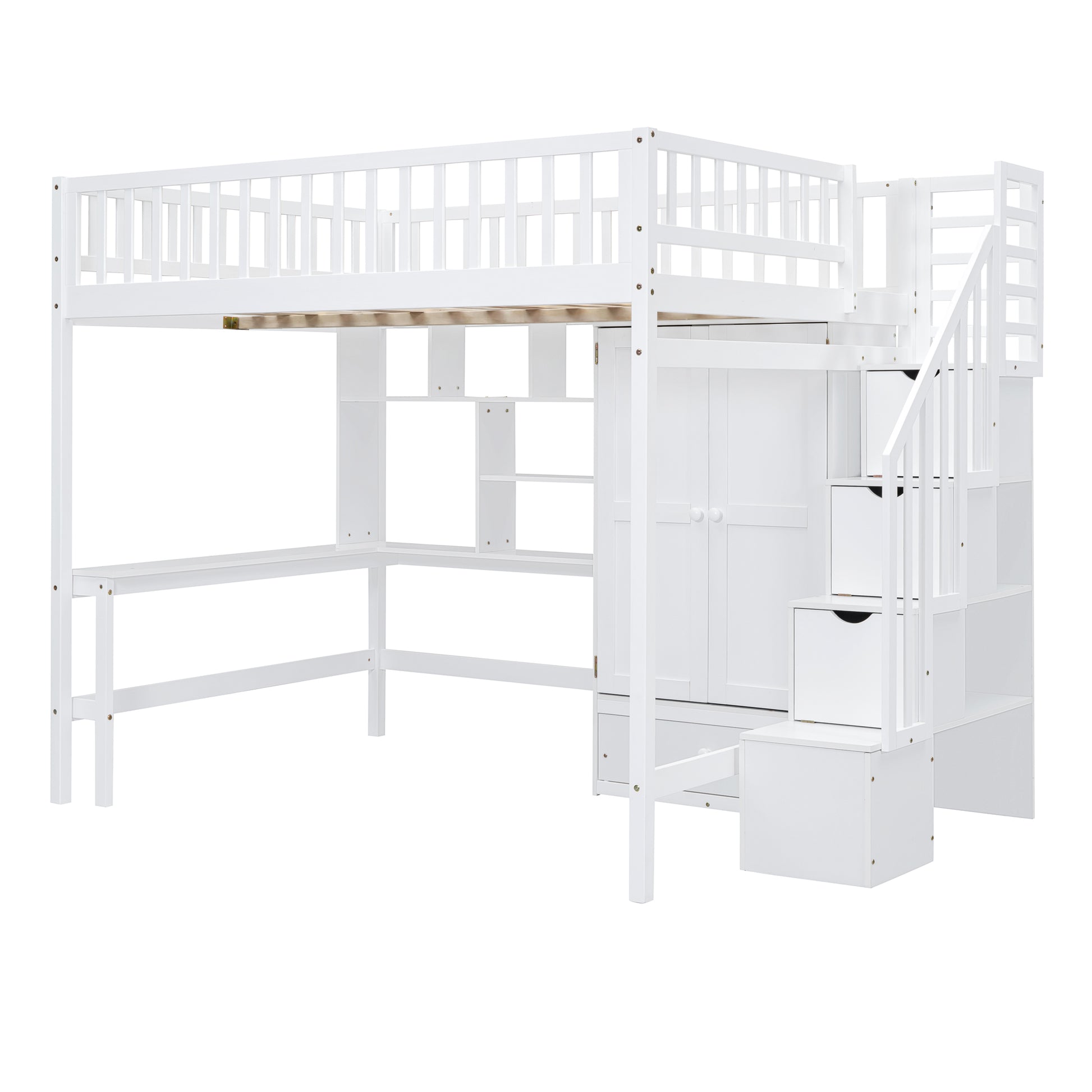 White wooden loft bed with stairs and integrated desk