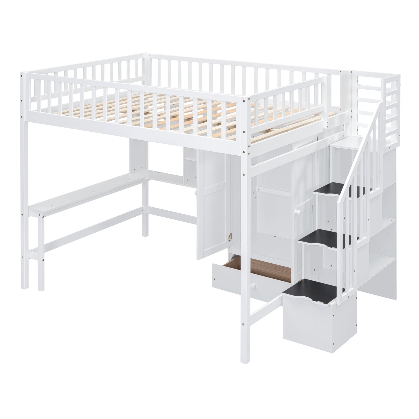White wooden loft bed with desk and storage stairs