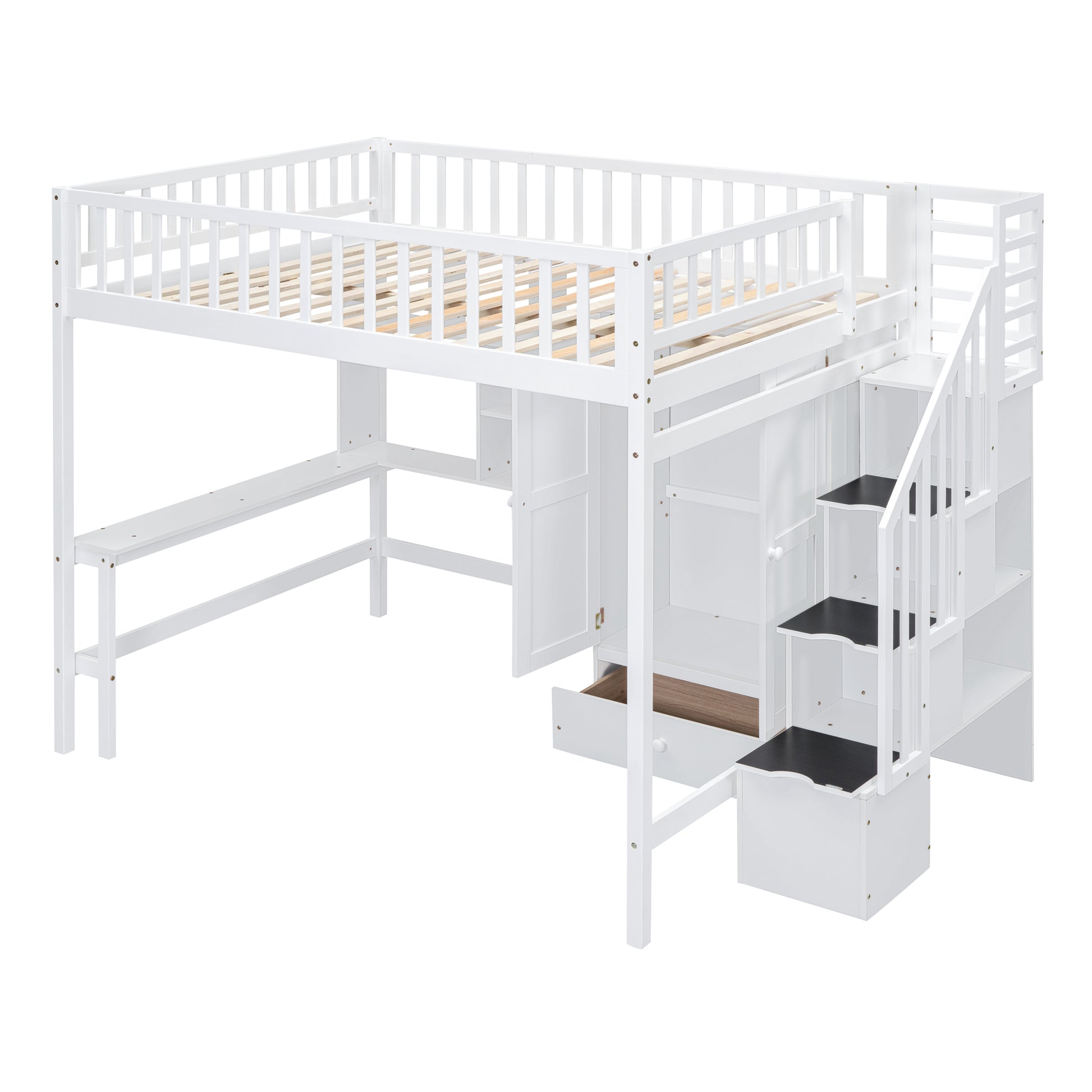 White wooden loft bed with desk and storage stairs