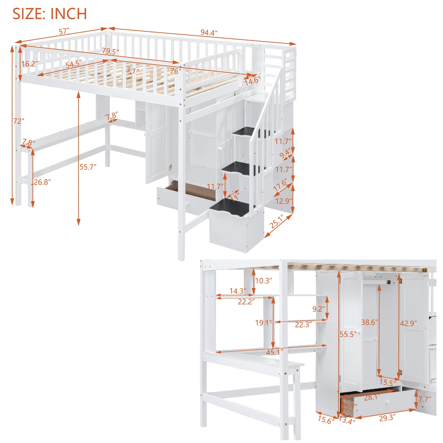 White wooden loft bed with integrated desk and storage drawers