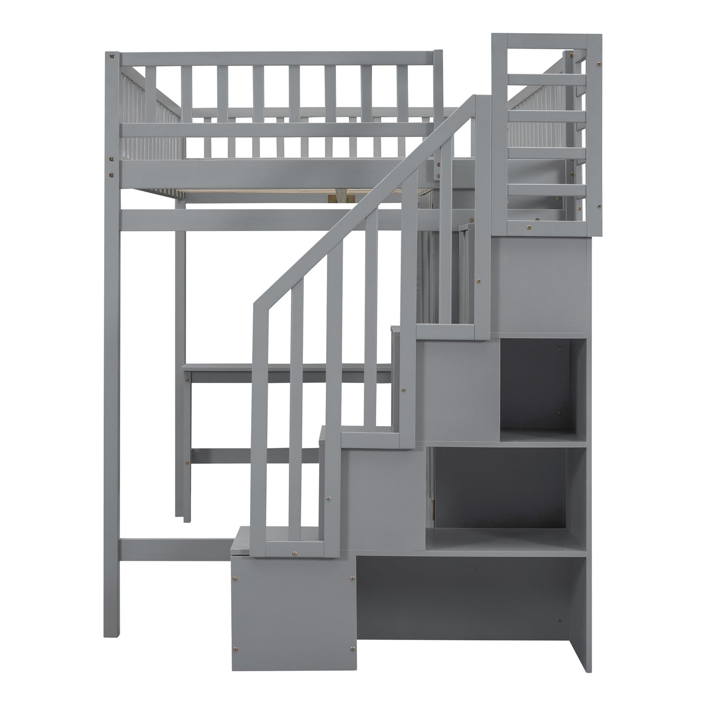 Gray wooden loft bed with builtin stairs and shelving unit