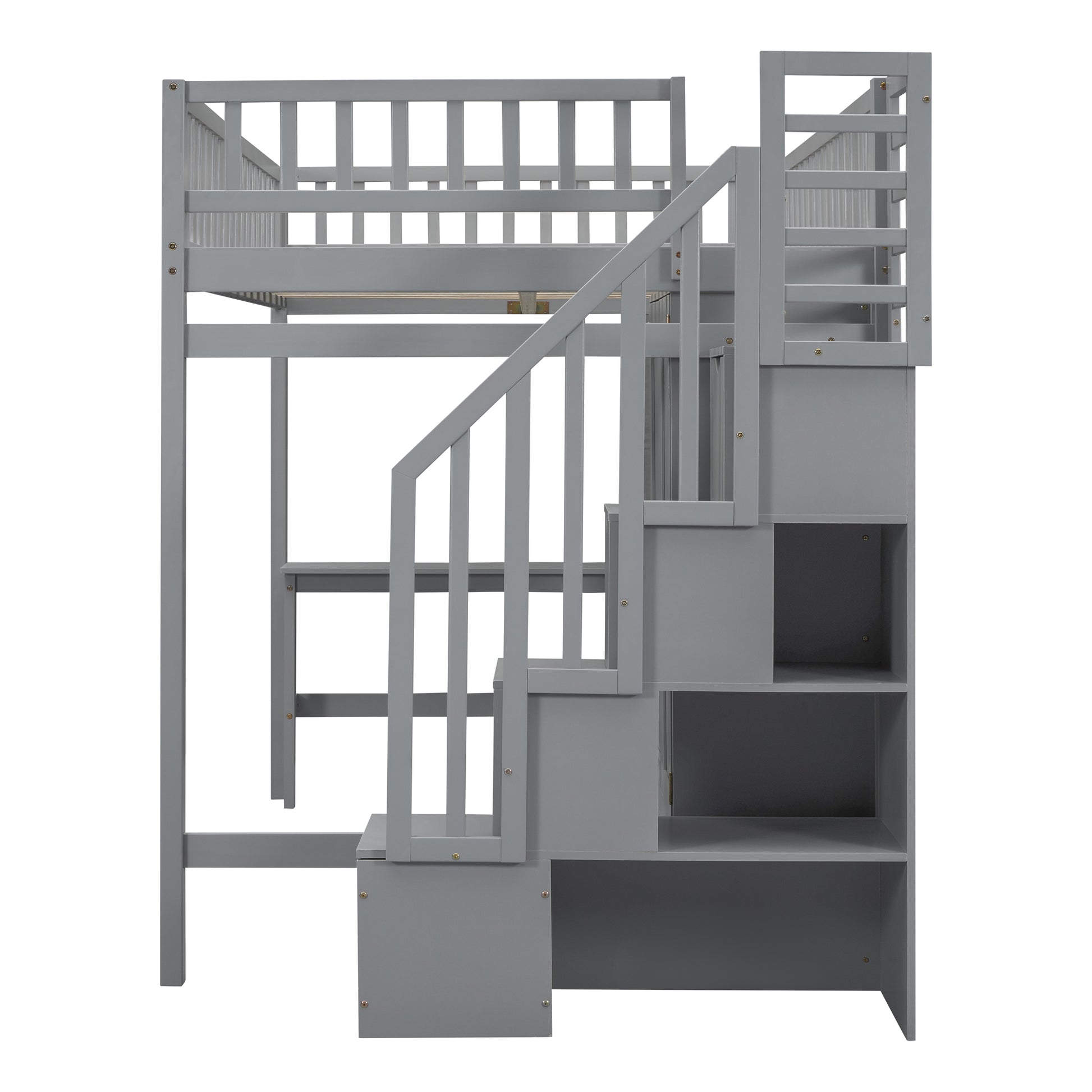 Gray wooden loft bed with builtin stairs and shelving unit