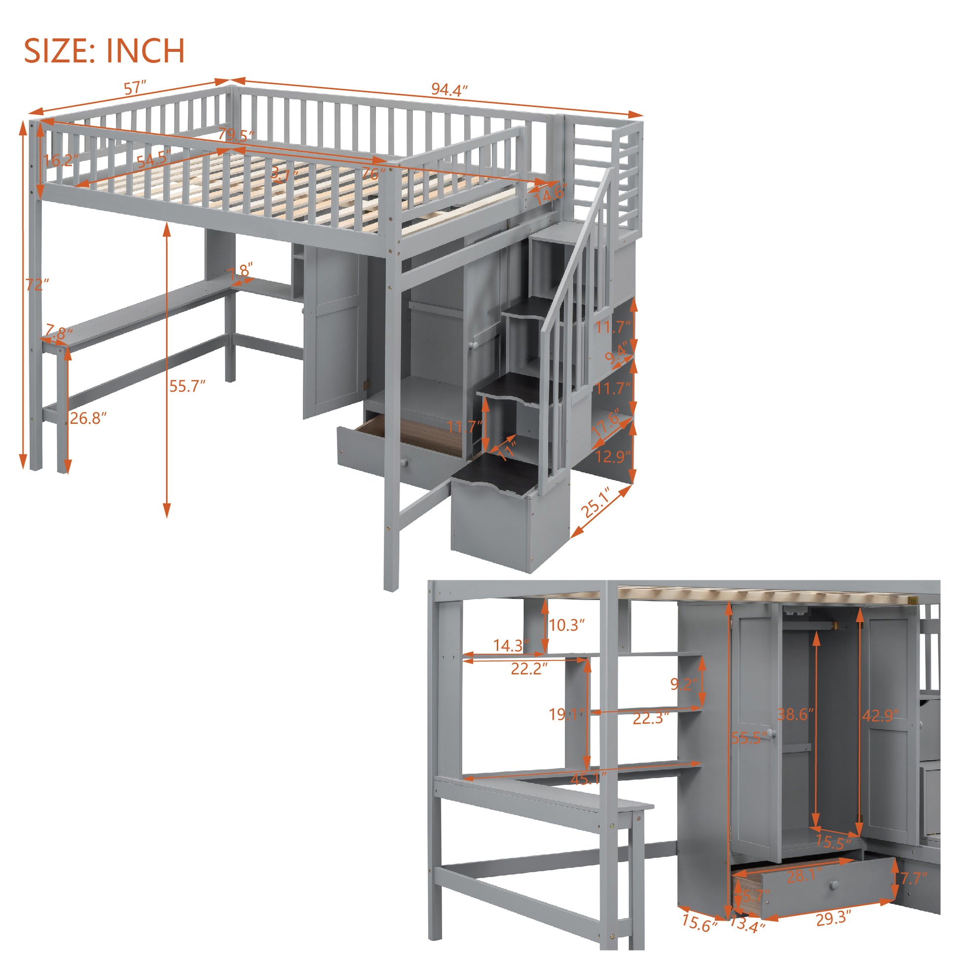 Gray wooden loft bed with integrated desk stairs and storage cabinets for kids