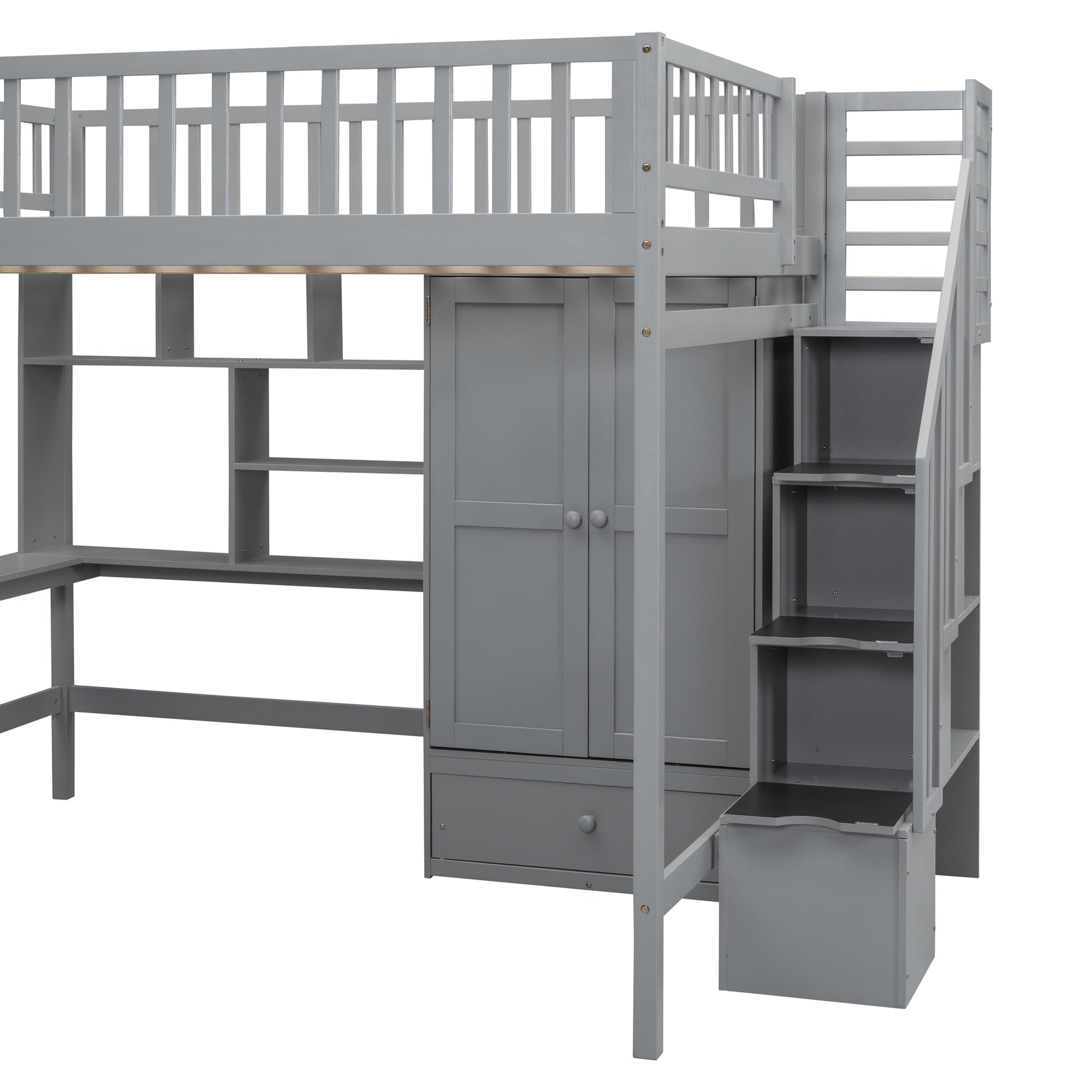 Gray wooden loft bed with stairs and integrated desk