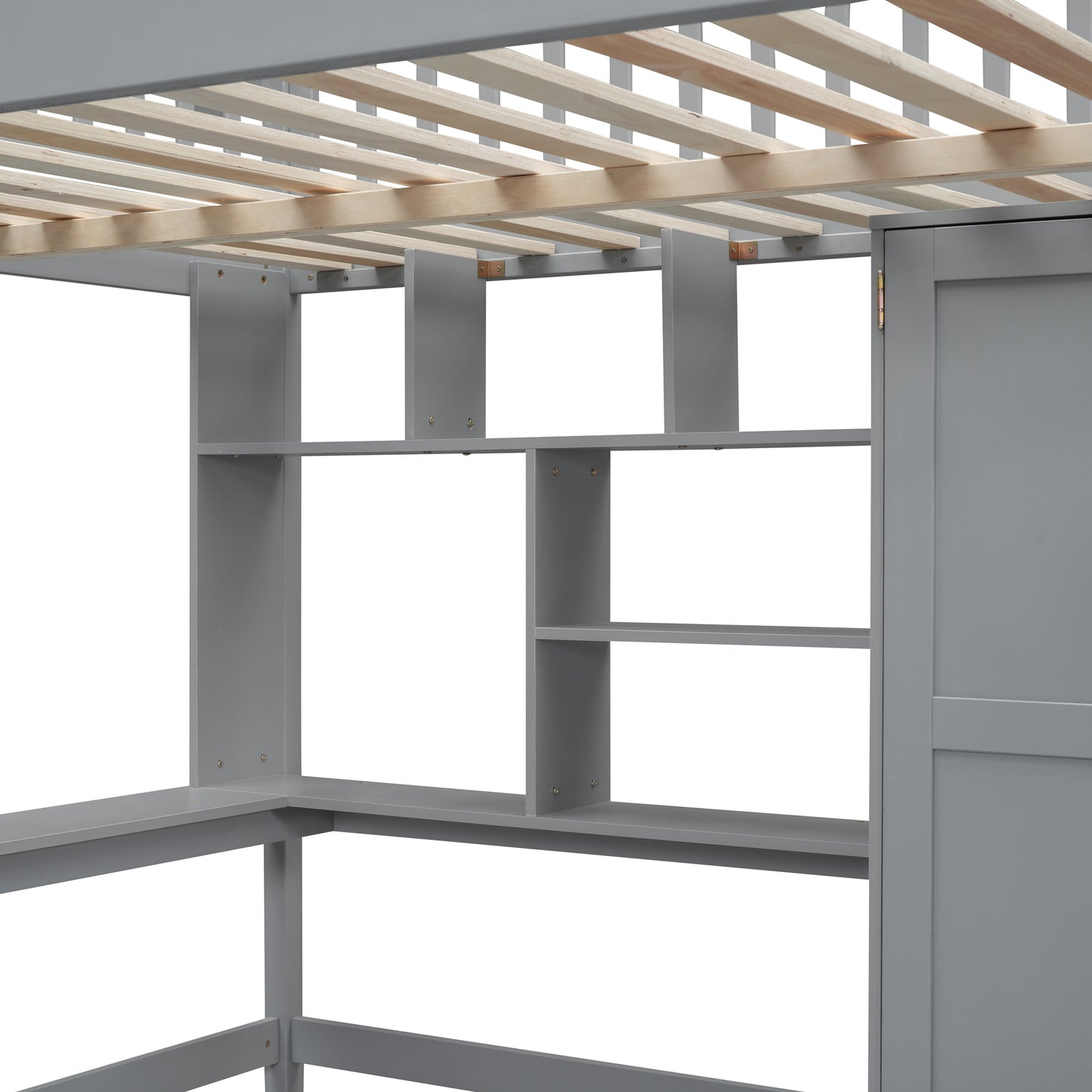 Gray loft bed frame with integrated desk and shelves