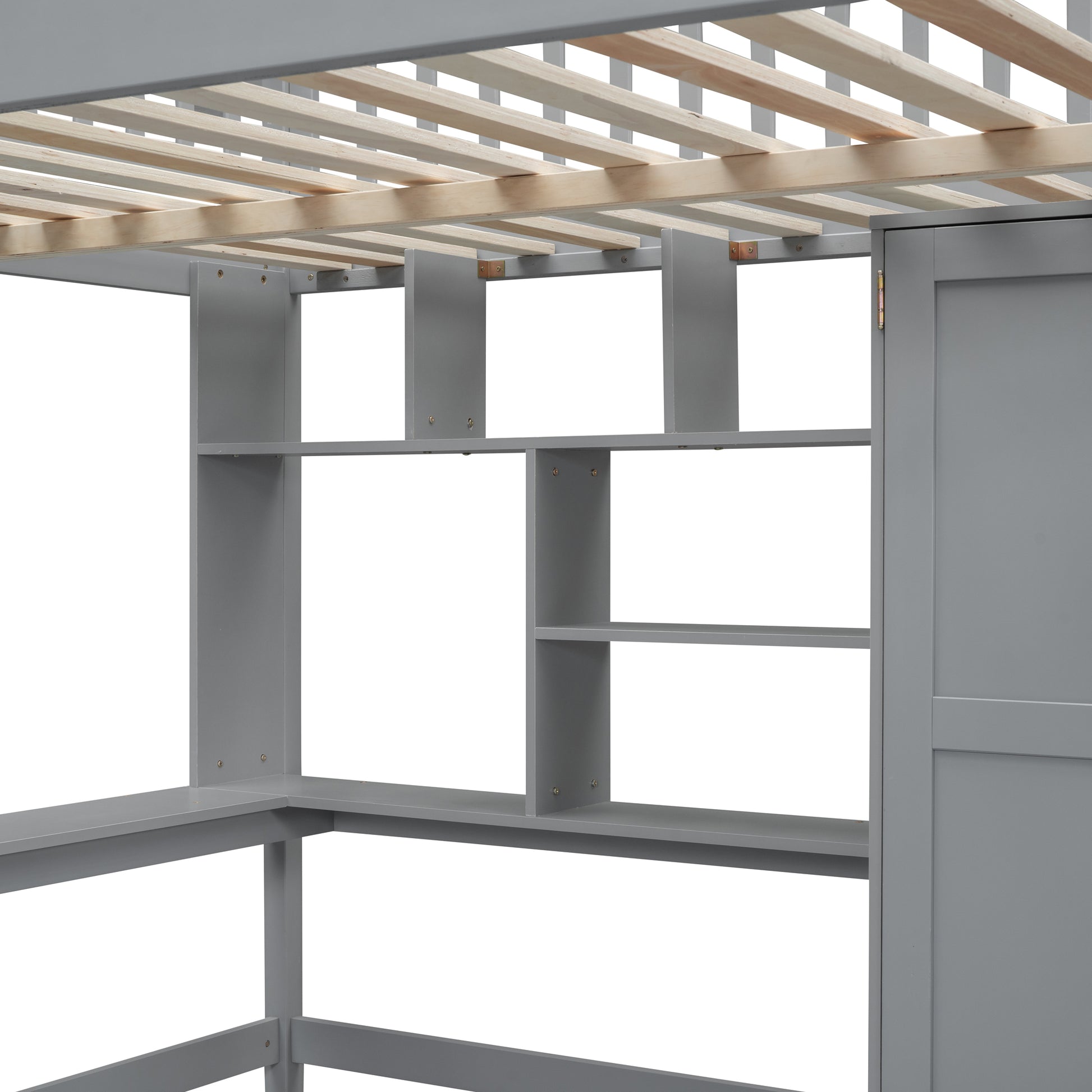Gray loft bed frame with integrated desk and shelves