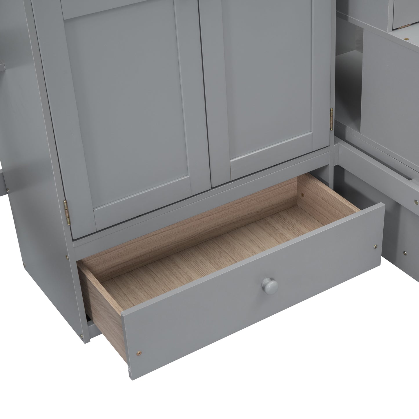 Gray wooden dresser with a visible pullout drawer and classic cabinet doors