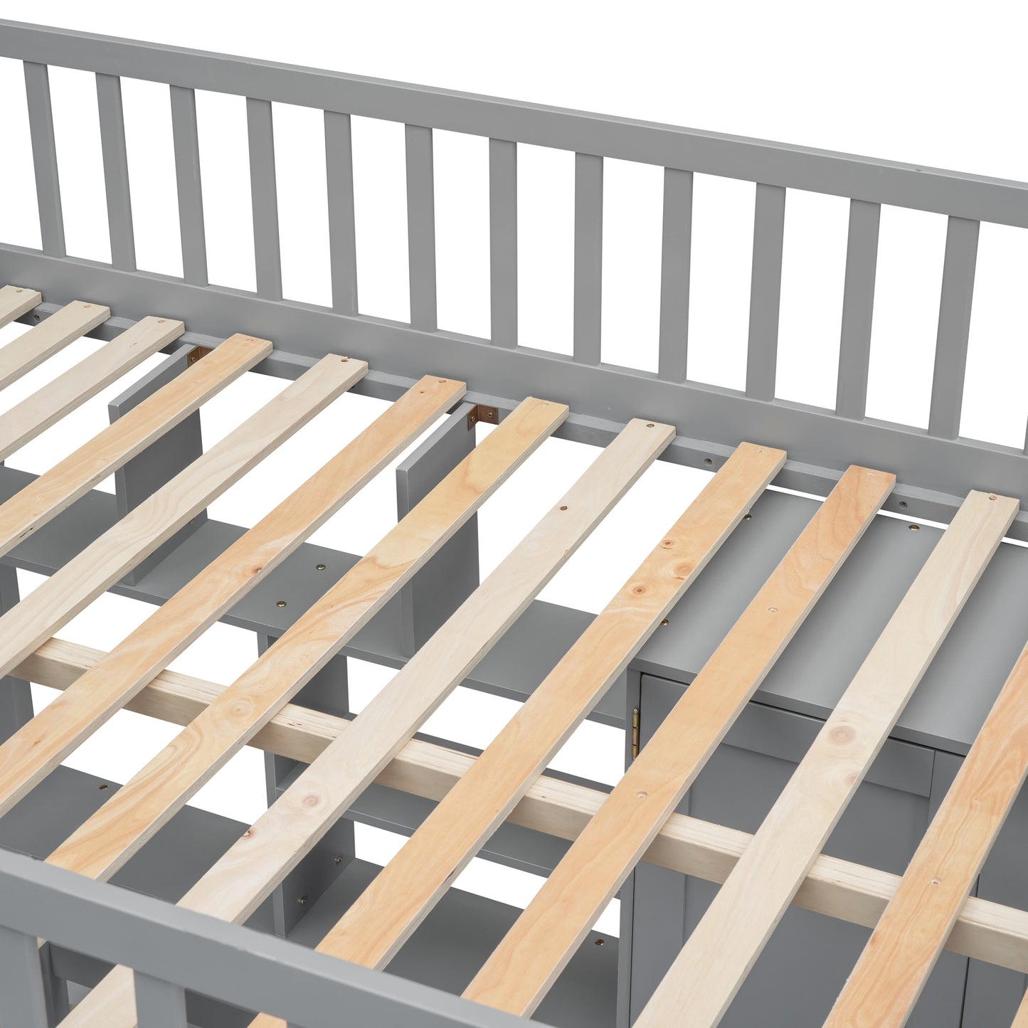 Gray wood slat bed frame showing interior storage compartments and wooden slats