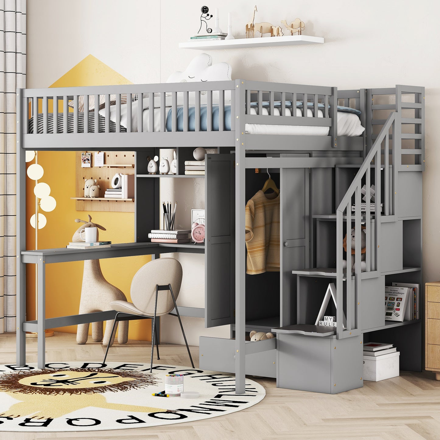 Grey loft bed with integrated desk and storage
