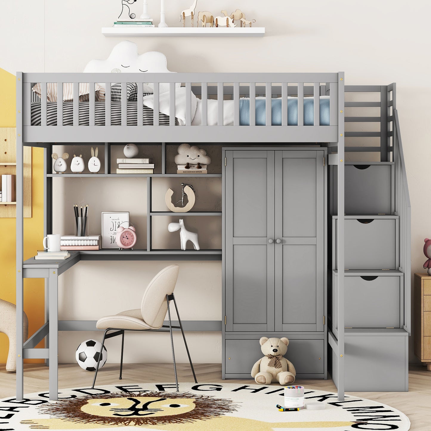Gray loft bed with integrated desk and wardrobe