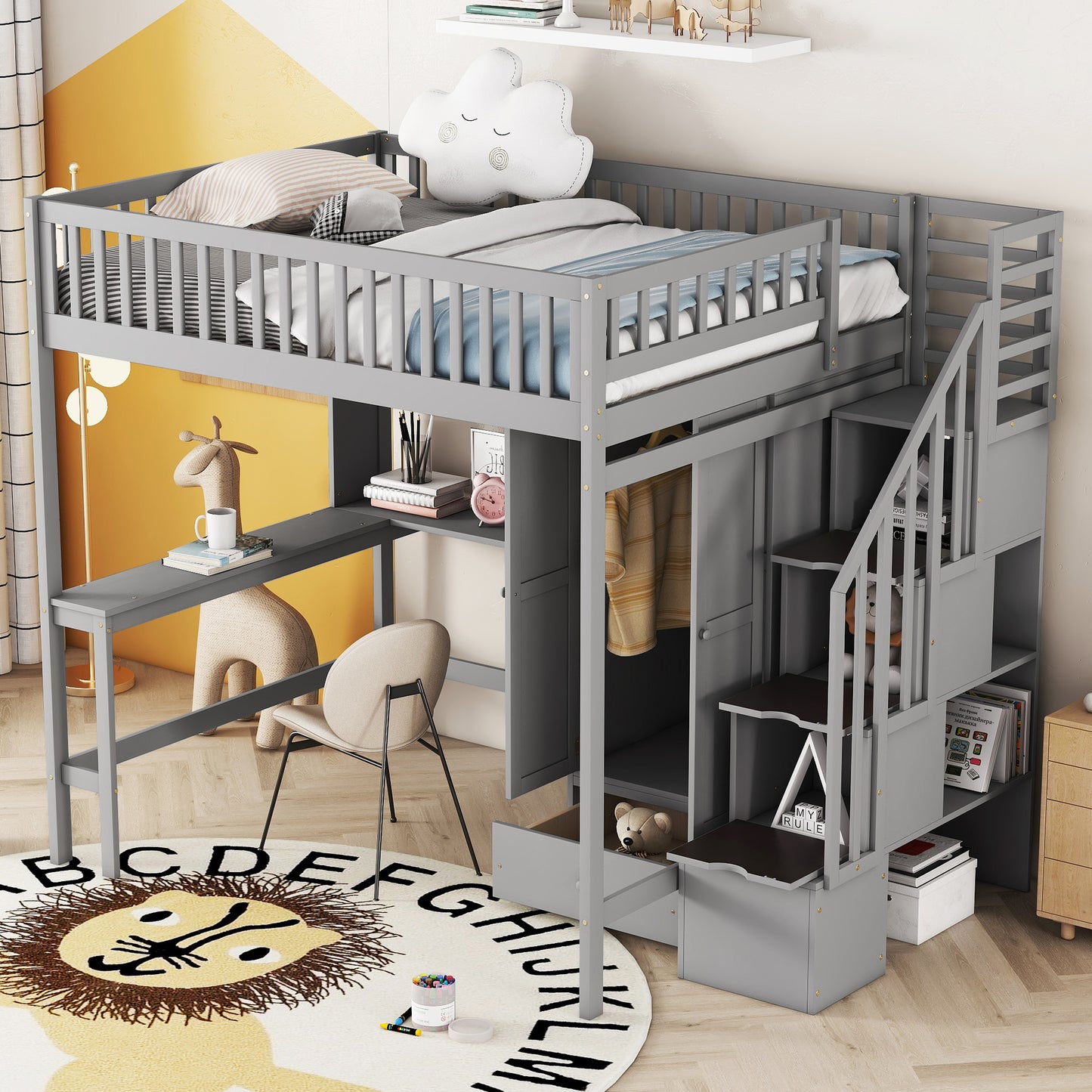 Gray loft bed with desk and storage for kids