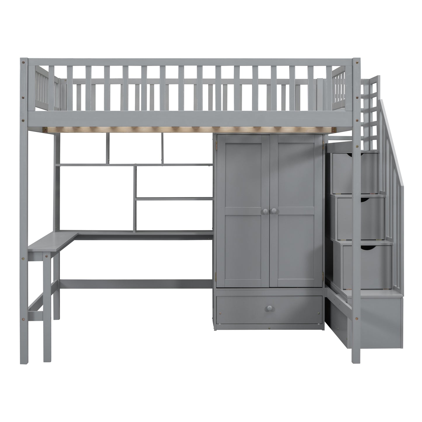 Gray wooden loft bed with desk integrated wardrobe and storage stairs for kids rooms