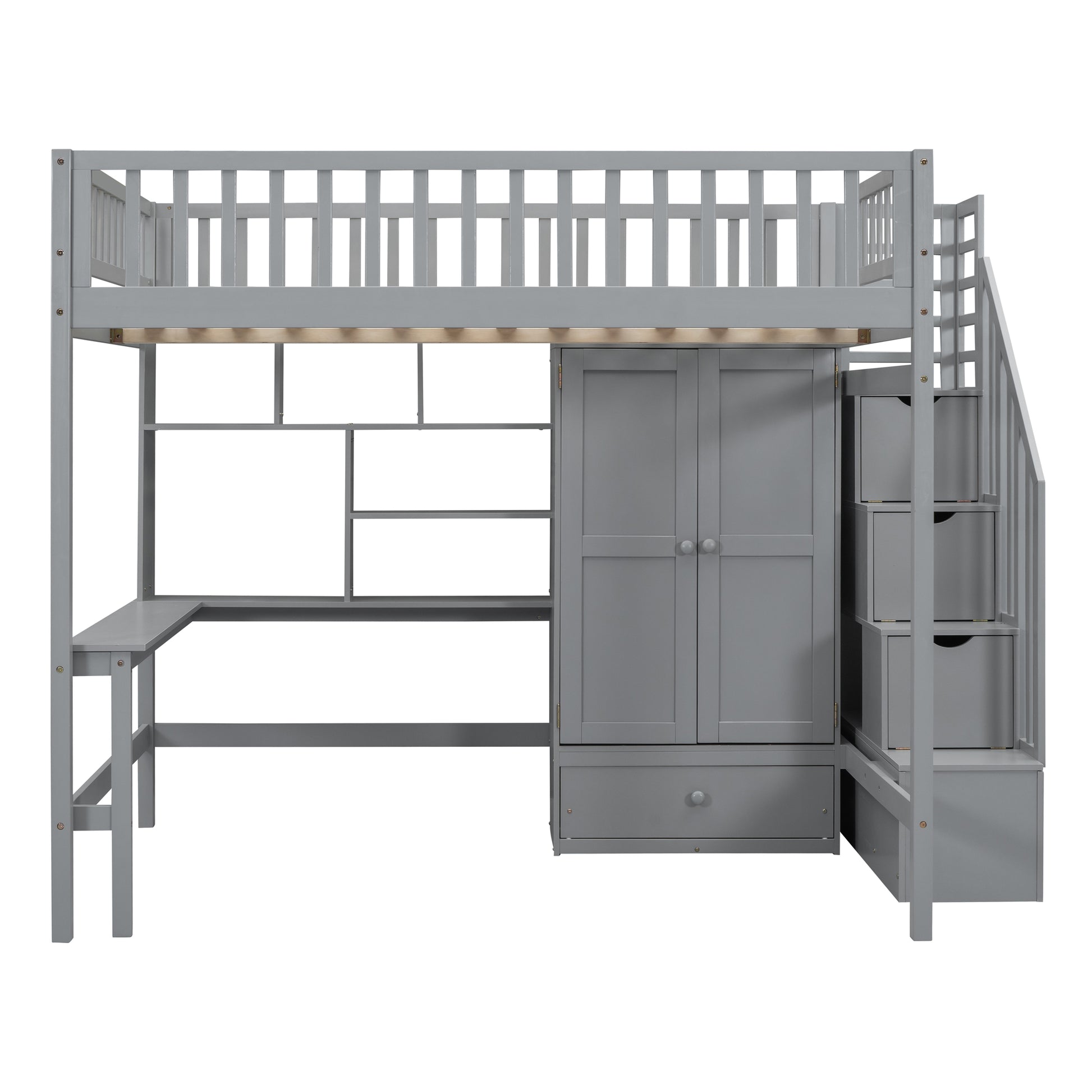 Gray wooden loft bed with desk integrated wardrobe and storage stairs for kids rooms