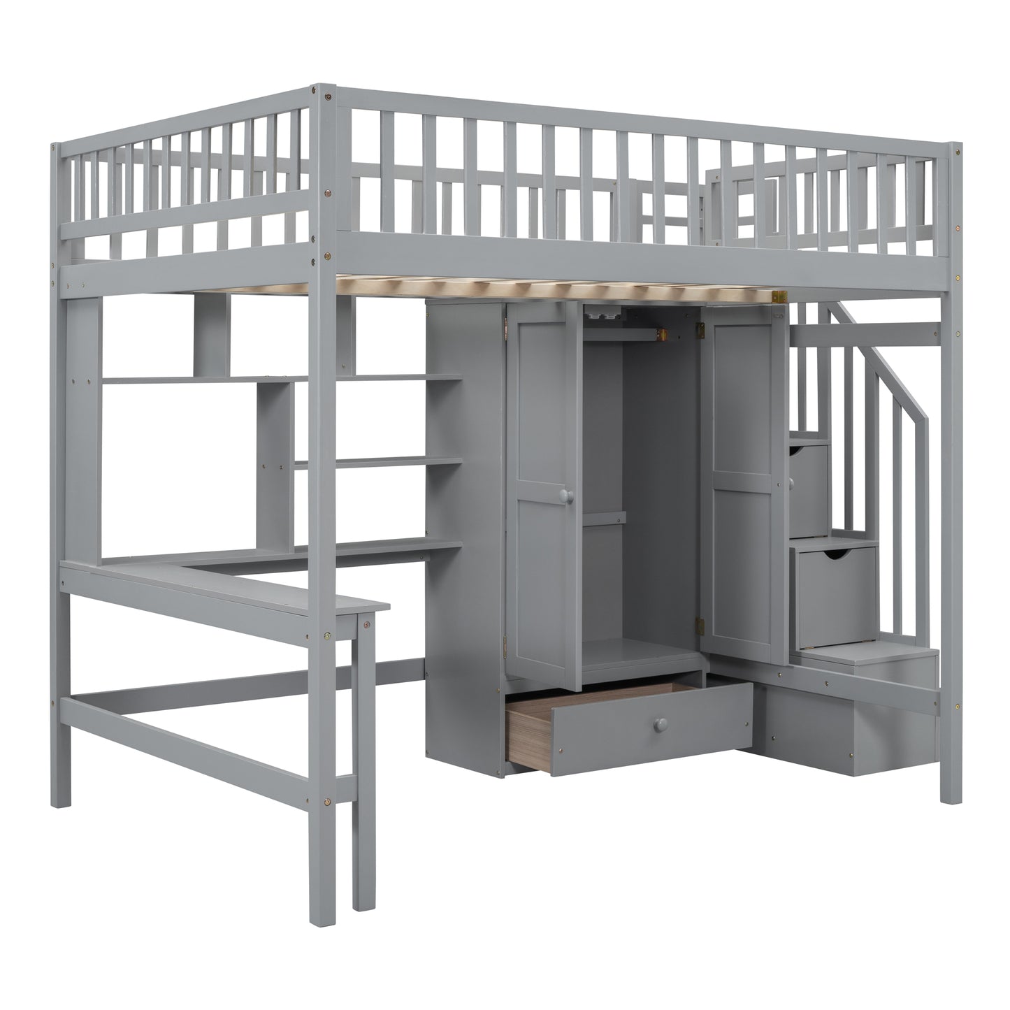Grey wooden loft bed with integrated desk and storage closet