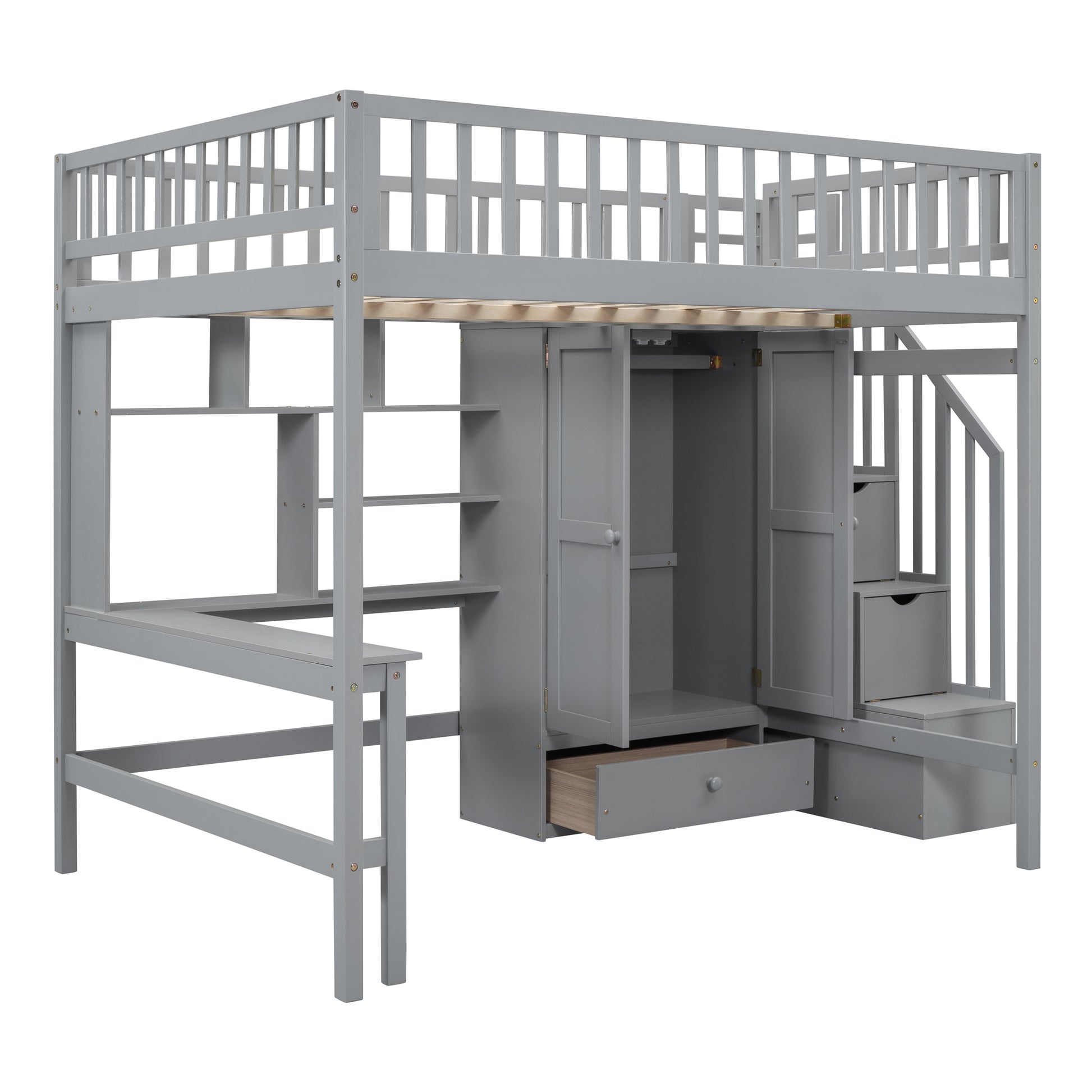 Grey wooden loft bed with integrated desk and storage closet