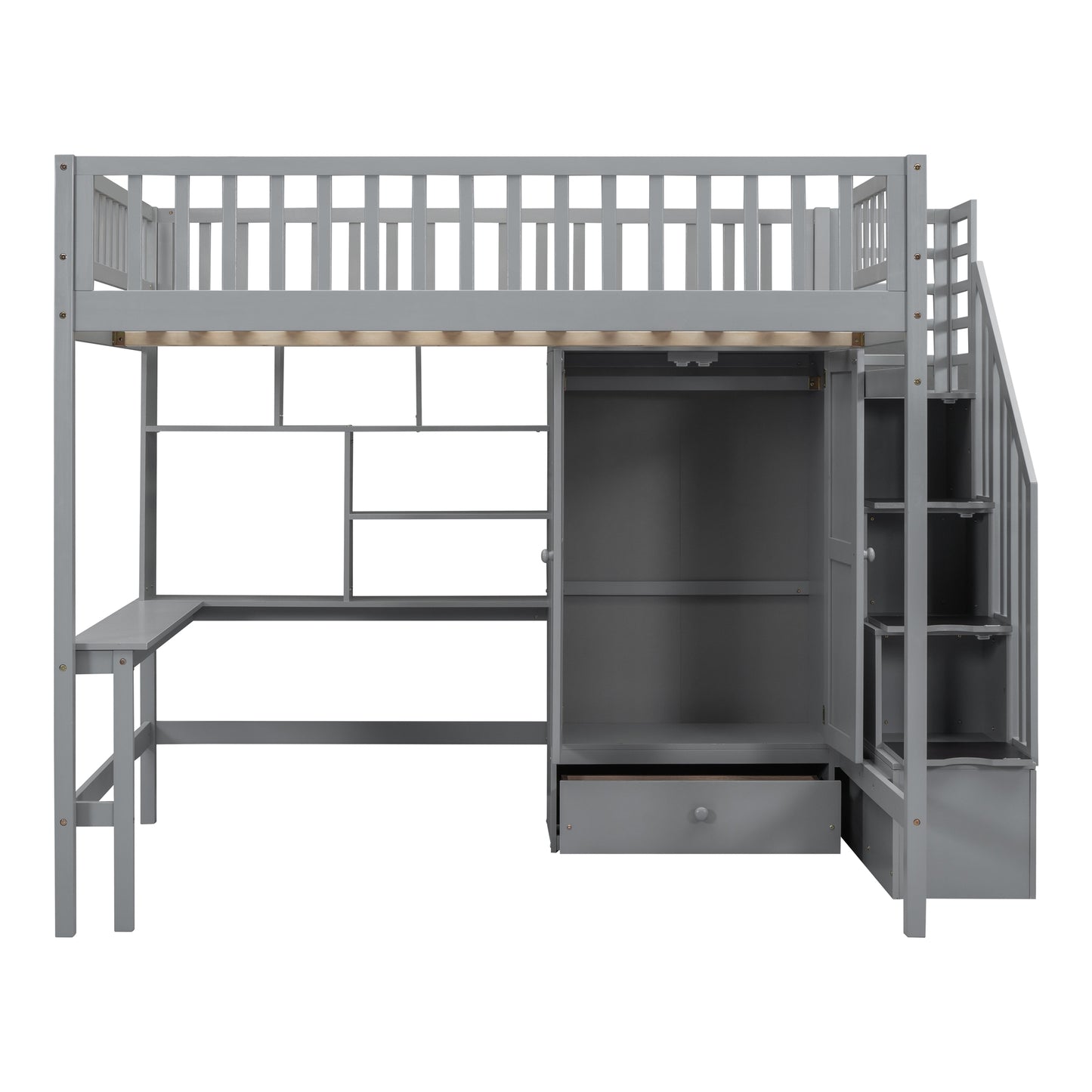 Gray wooden loft bed with desk shelves and integrated wardrobe perfect for small spaces
